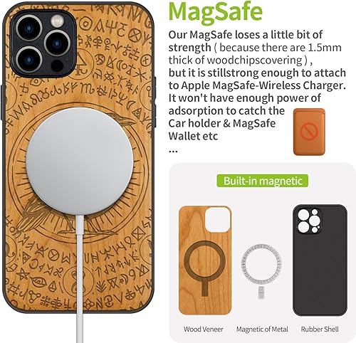 Miniatura 5 de Carveit Funda magnética de madera para iPhone 12 Pro madera natural y TPU suave negro a prueba de golpes, funda protectora única y elegante de