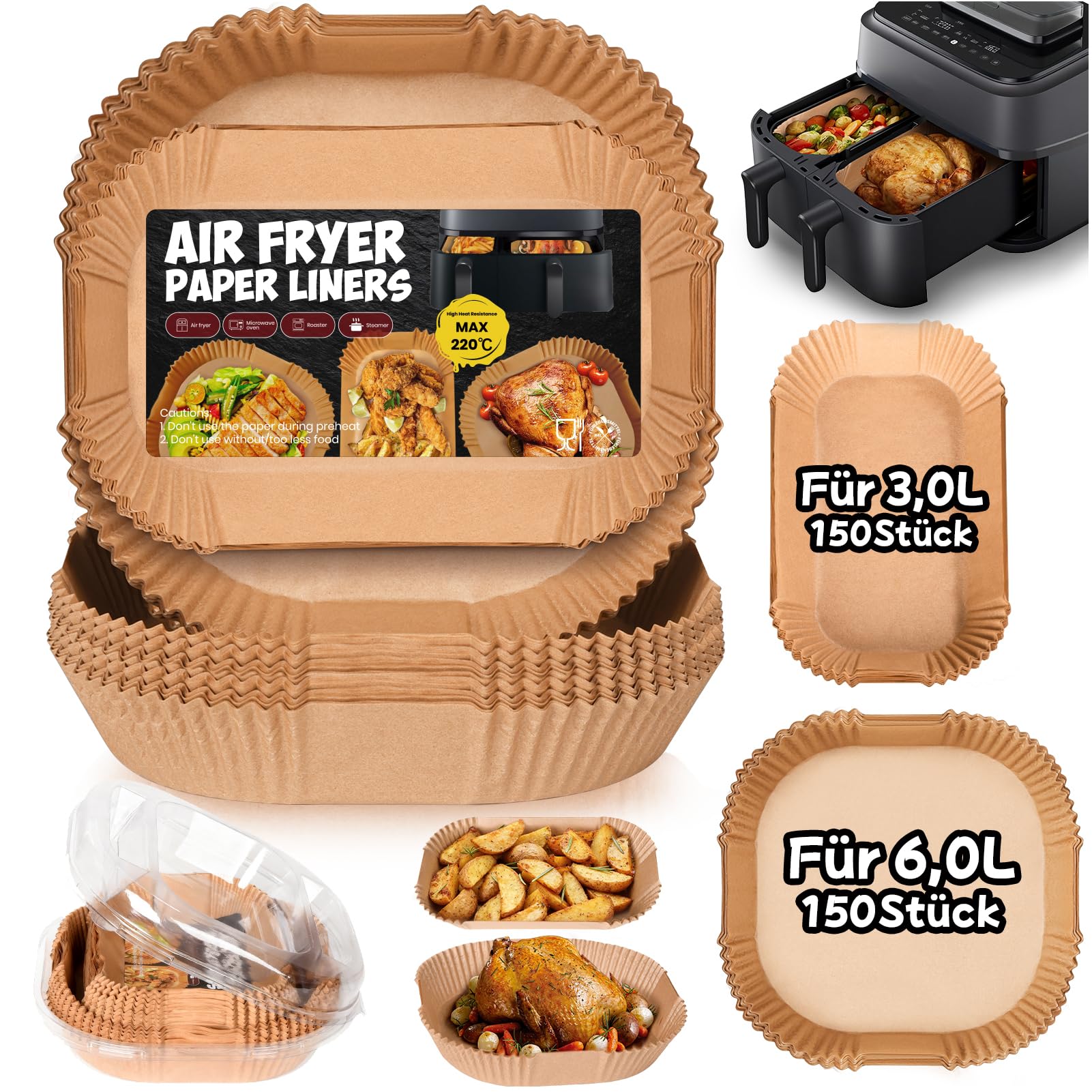 300 Stück Airfryer Backpapier für Philips Dual Basket Airfryer 3000 Series 9L(6L/3L), 5000 Series 9L(6L/3L), Backpapier für Heißluftfritteuse Philips NA350/00 NA550/00, Cookwise 2 kammern 9L(3L&6L)