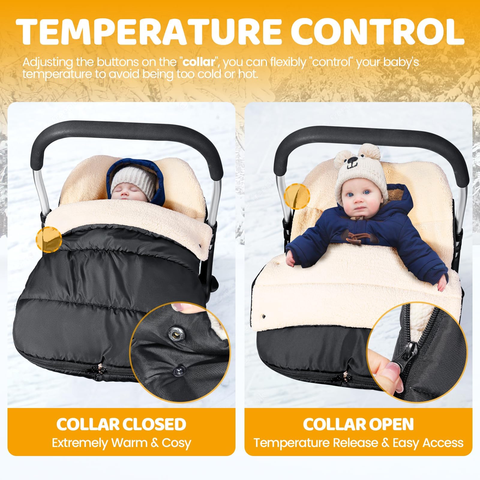 Orzbow Sacco Ovetto Invernale 0-6 Mesi, Regolabile Sacco Termico per Ovetto con Cerniere, Facile Accesso, Impermeabile Coperta Ovetto Neonato Invernale con Pile Berbero, Caldo, Nero