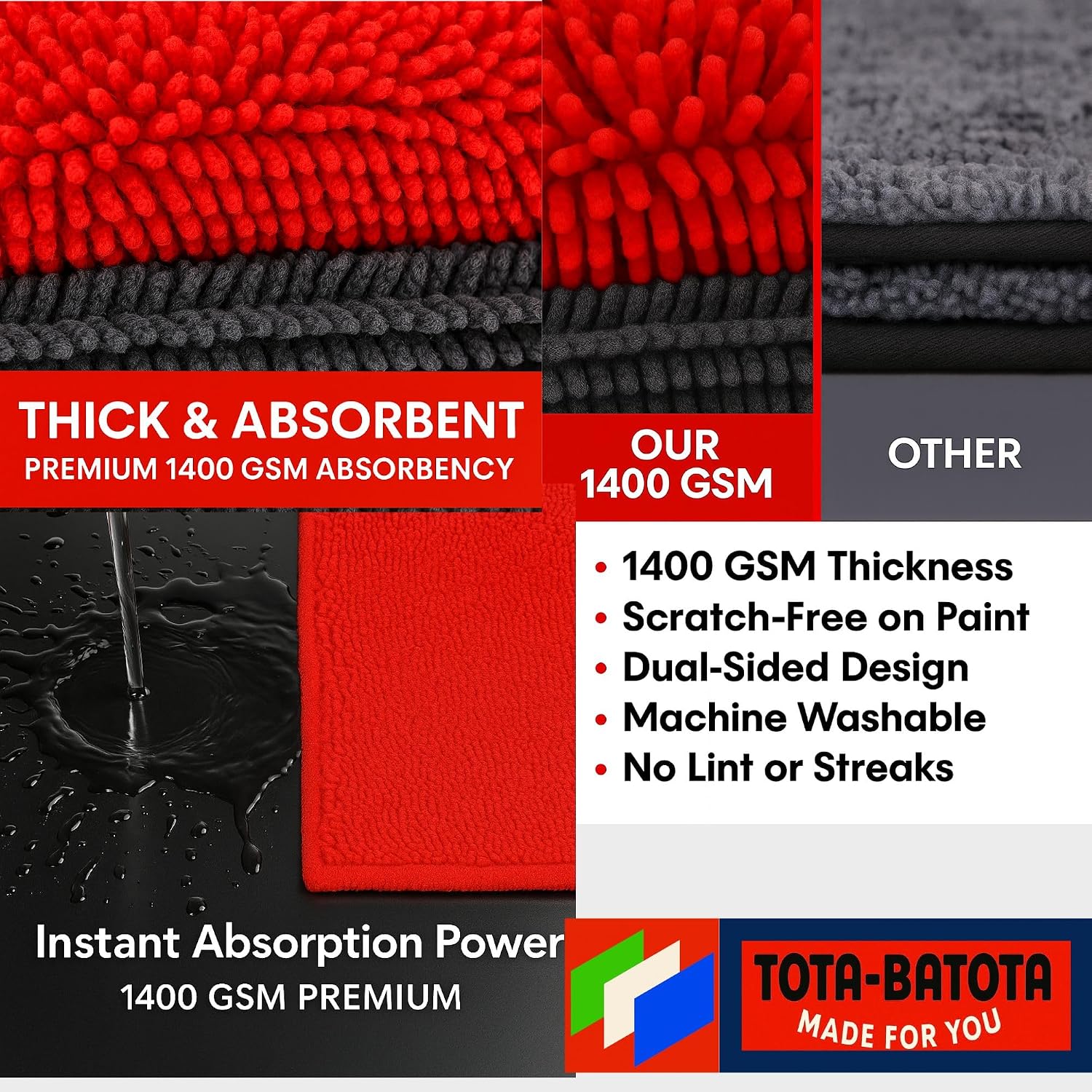 Microfiber Car Towel with Twisting Yarn,1400GSM Ultra Absorbent,16" BY16, Scratch-Free, Machine Washable, Bonus 30x30cm Towel Durable for Him/Her (Red/Gray)