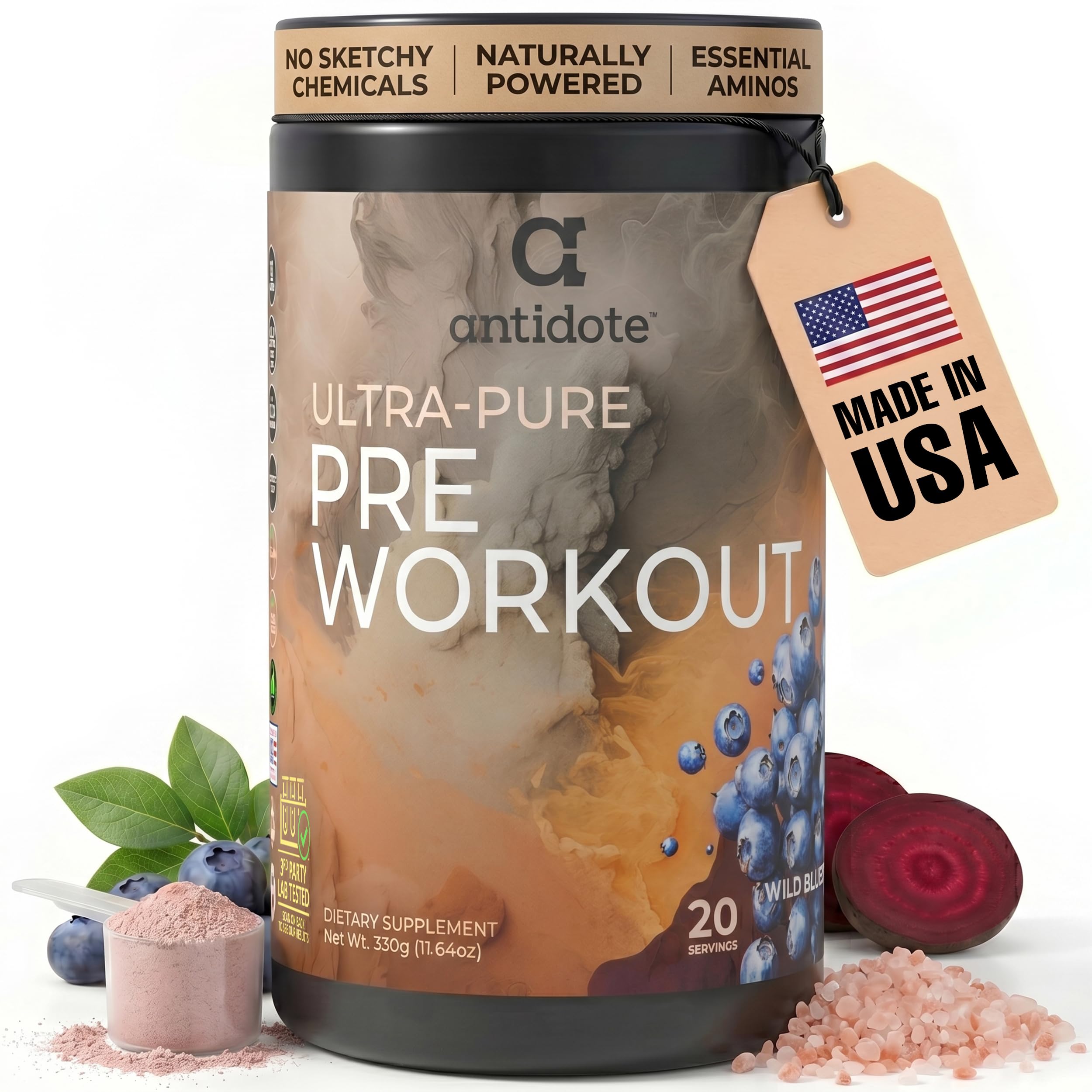 Antidote Clean Pre-Workout Powder - Natural Energy & Focus Booster with Beetroot, Creatine & Beta-Alanine - No Artificial Additives - Vegan, Keto-Friendly Supplement - Wild Blueberry - 20 Servings