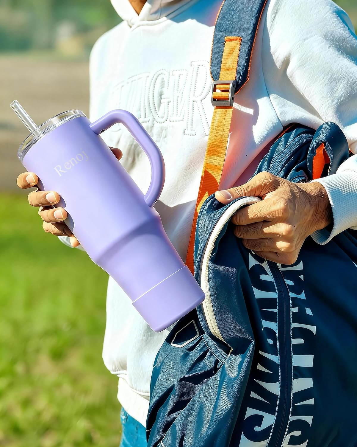 Renoj Insulated Mug 100% Spill Resistant Insulated Water Bottle for Iced Coffee & Hot Drinks - Fits Car Cup Holder, Ideal Gift, 2 Straws & Silicone Boot - FlexSlide Blue 40 oz