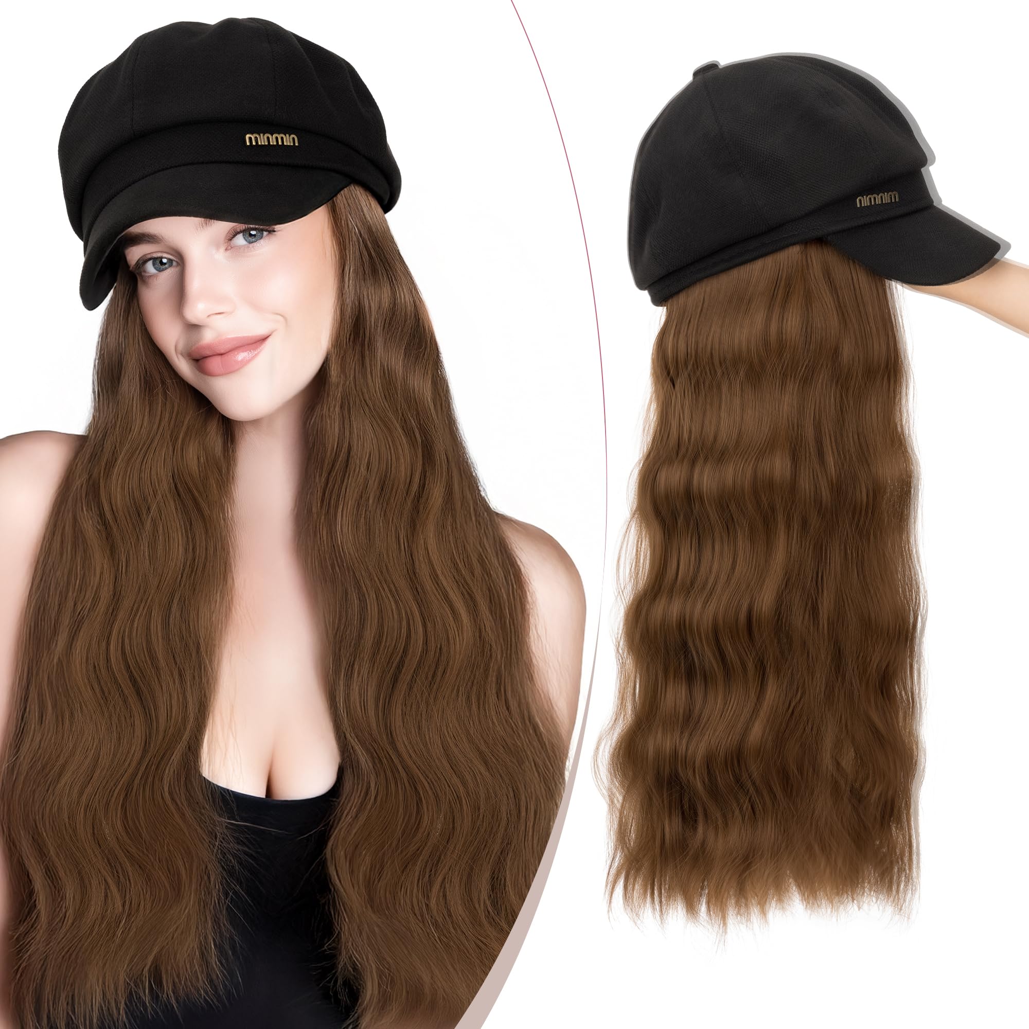 SEGO 18 Inch Long Wavy Hair Extension With Attached Black Beret Hat Synthetic Hairpiece Fashionable For Women - Ash Brown