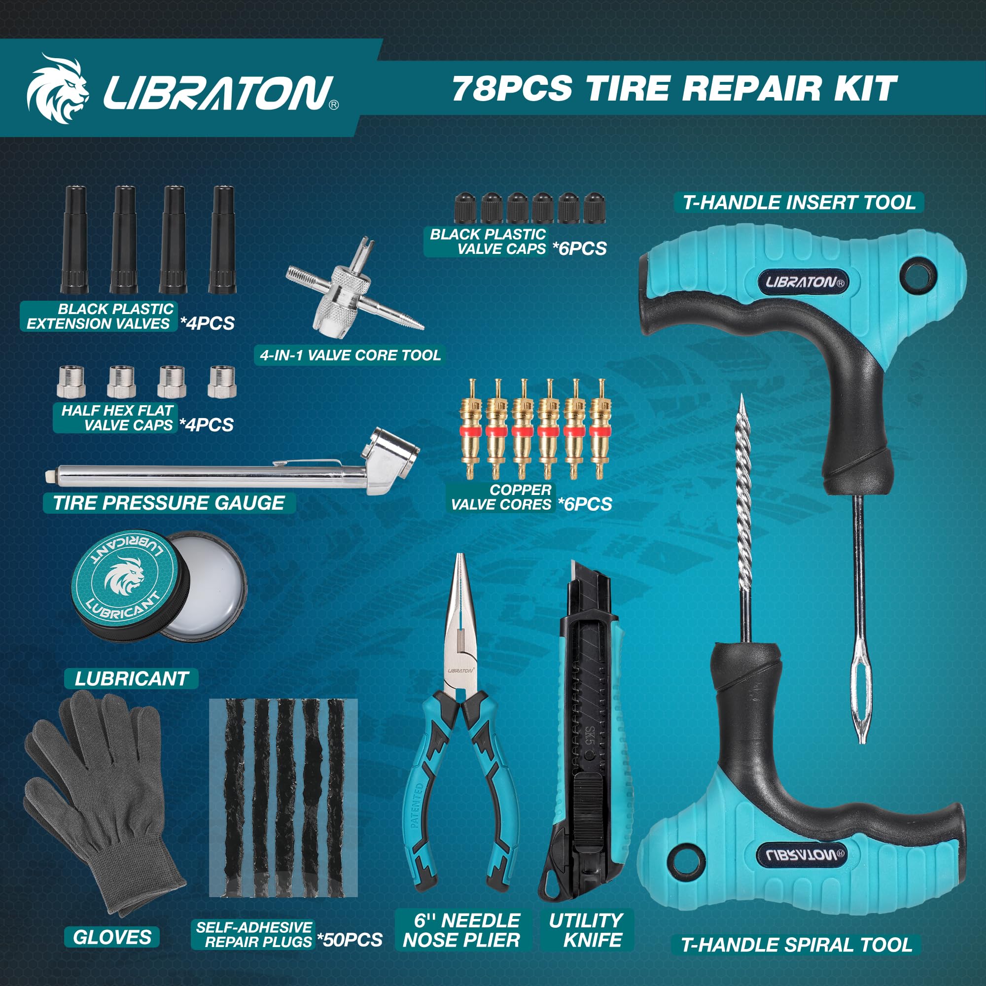 Libraton kit Antipinchazos Coche, 78PCS kit Repara Pinchazos Coche Profesional para Reparar Pinchazos y Parches en Neumáticos sin Cámara, Compacto para Coches, Motos, SUVs, ATVs, Tractores y Remolques