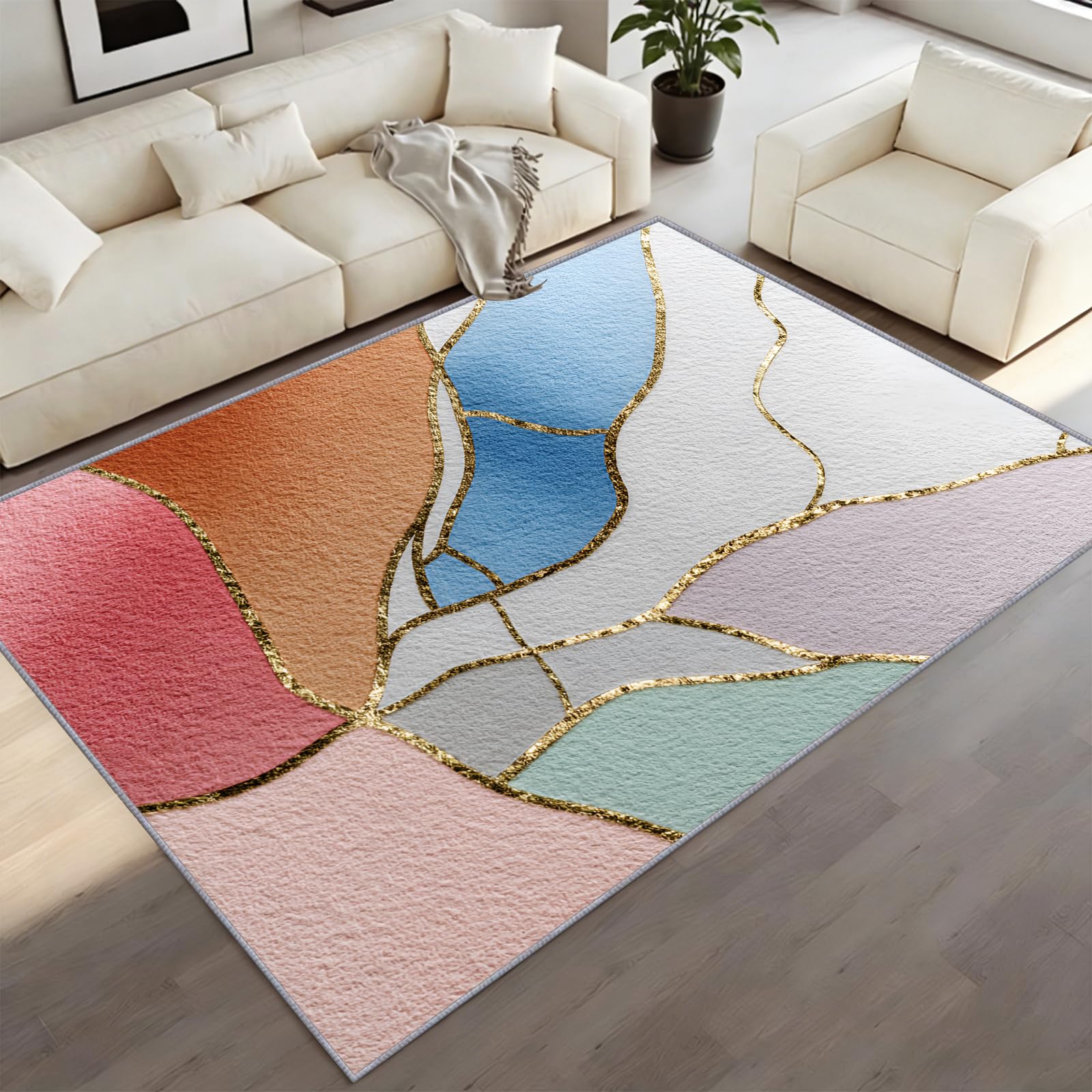 BEQUTIY Abstract Marble Area Rug for Lounge, Modern Geometric Carpet with Gold Veins, Colorful Liquid Art Floor Rug for Bedroom Machine Washable, Contemporary Aesthetic Rug for Apartment 120 x 180 cm