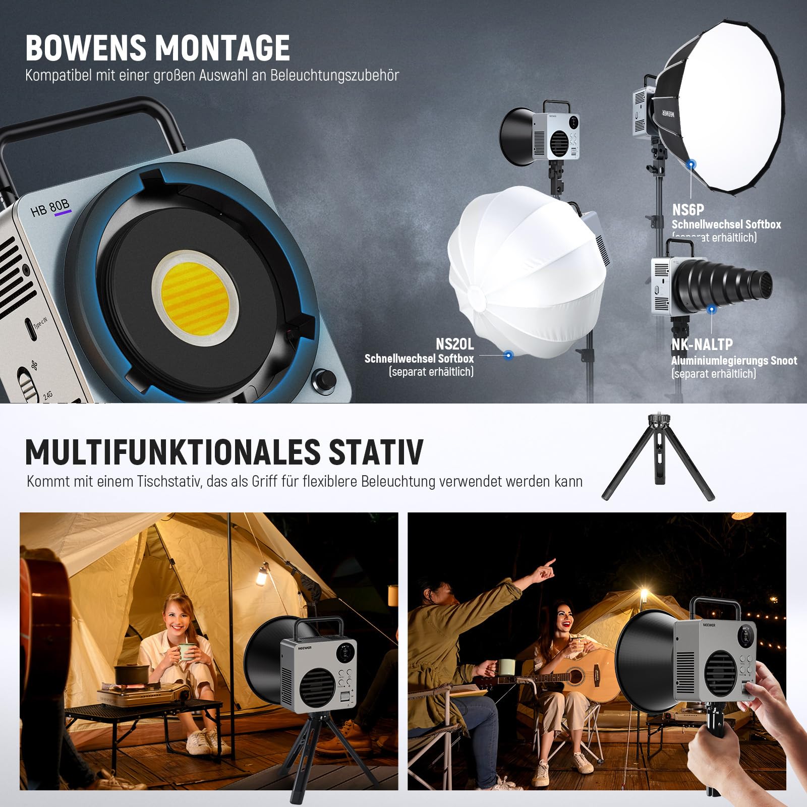 NEEWER 80W LED Videolicht mit 72Wh Akku und 100W PD Adapter APP/2.4G Steuerung Tragbares zweifarbiges Mini COB Studio Dauerlicht 25500lx/1m 2700-6500K 0-100% Dimmen CRI95+ 13 Szenen, HB80B