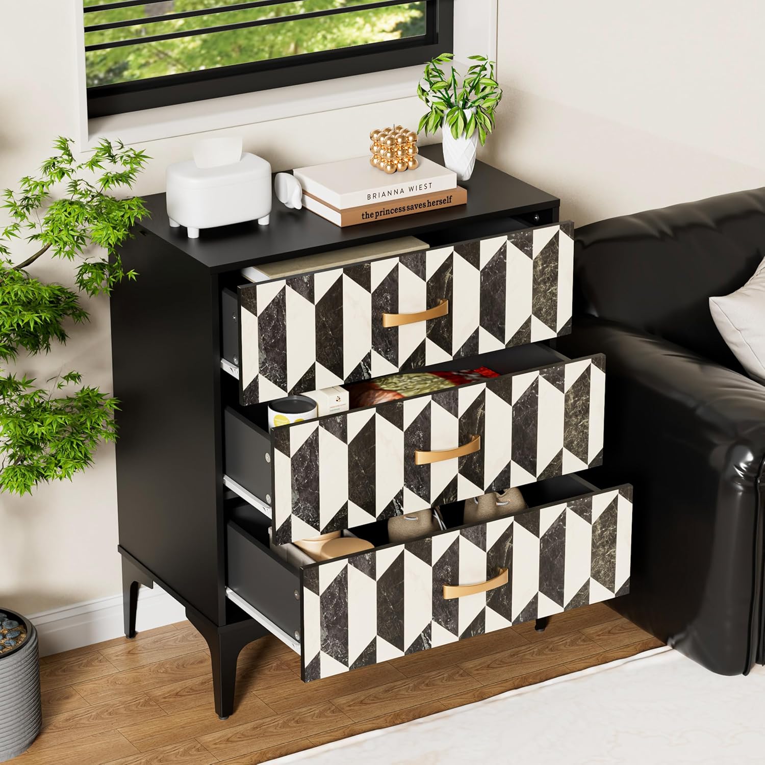 Anbuy Faux Marble 3 Drawers Dresser for Bedroom, Black and White Marble Modern Chest of Drawers with Gold Handles, Wooden Dresser Closet Clothes Storage Organizer for Living Room, Hallway(1 Pack)