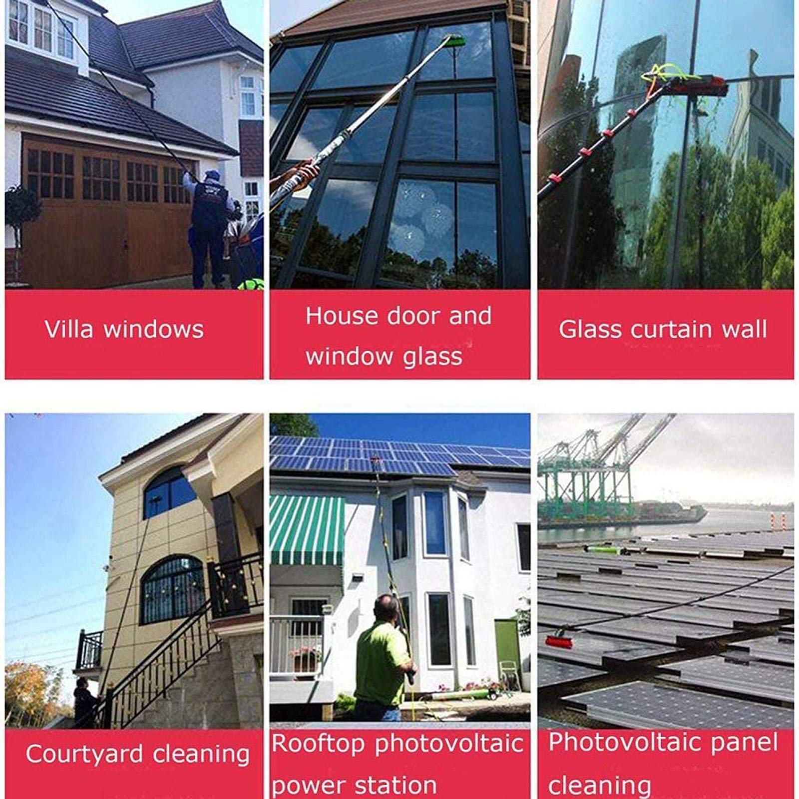 Pértiga de Limpieza de Ventanas de 5 a 12 m, Kit de Limpieza de Ventanas, pértiga con alimentación de Agua/Manguera, Equipo de Cepillo para Limpieza de Ventanas, Limpieza de Paneles fotovol