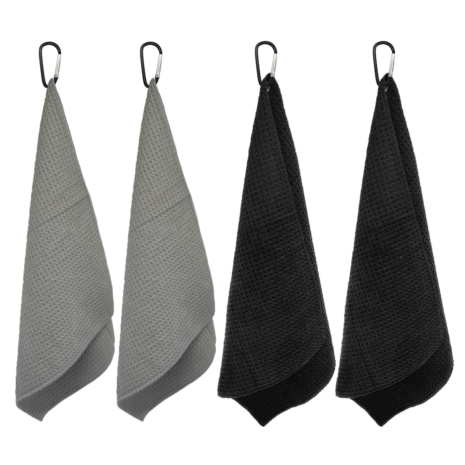 TSHAOUN 4 Pezzi Asciugamano da Golf in Microfibra, Asciugamano per Pulizia del Golf con Clip, Asciugamano Sportivo Pieghevole per Campo da Golf, Palestra, Campeggio, 30 * 30cm (Nero,Grigio)