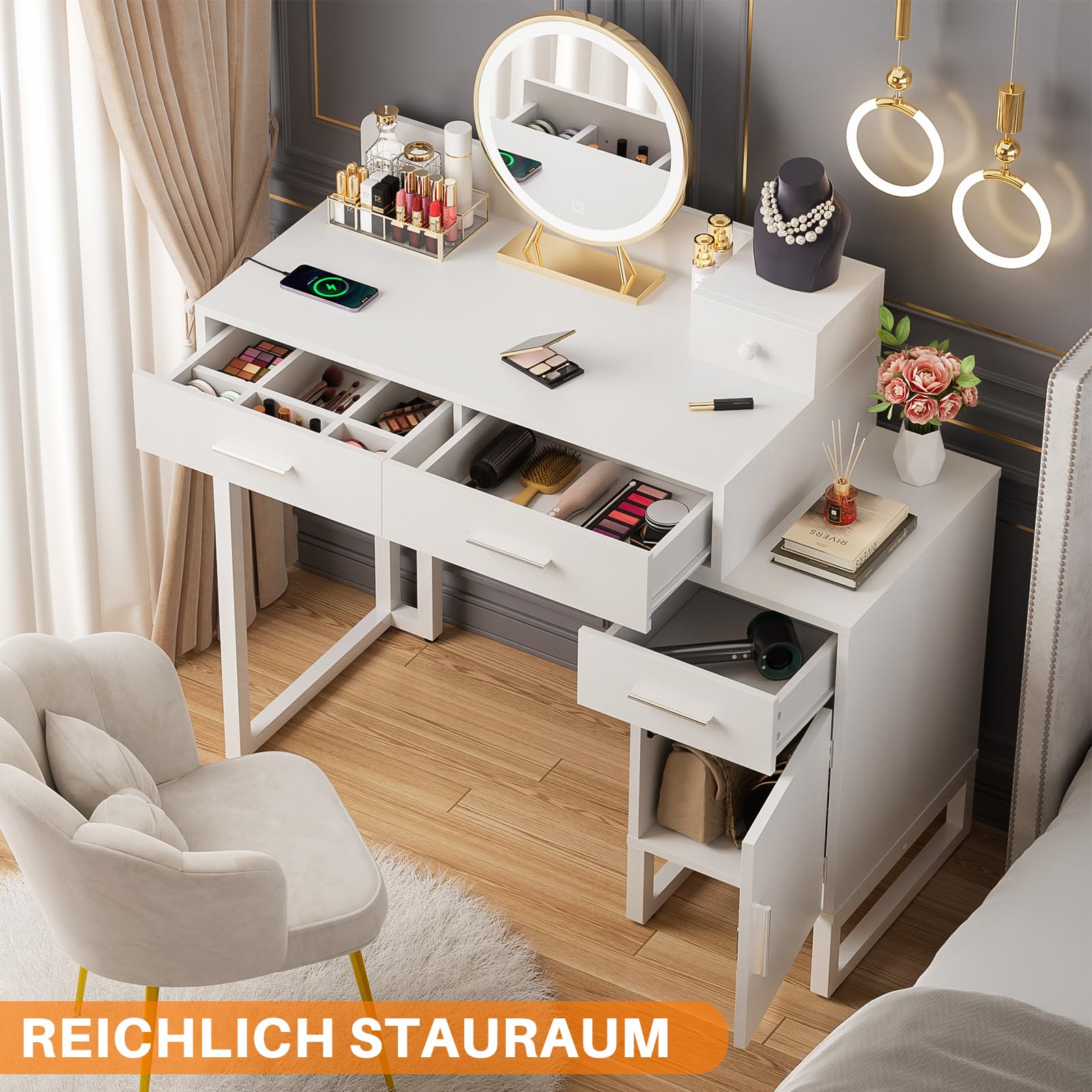 iSunirm Schminktisch ohne Spiegel, Kleiner Kosmetiktisch Weiß mit Steckdosen & 2 USB-Ports, Frisiertisch mit 4 Schubladen und reversiblem Seitenschrank, Vanity Desk/Schreibtisch für Schlafzimmer