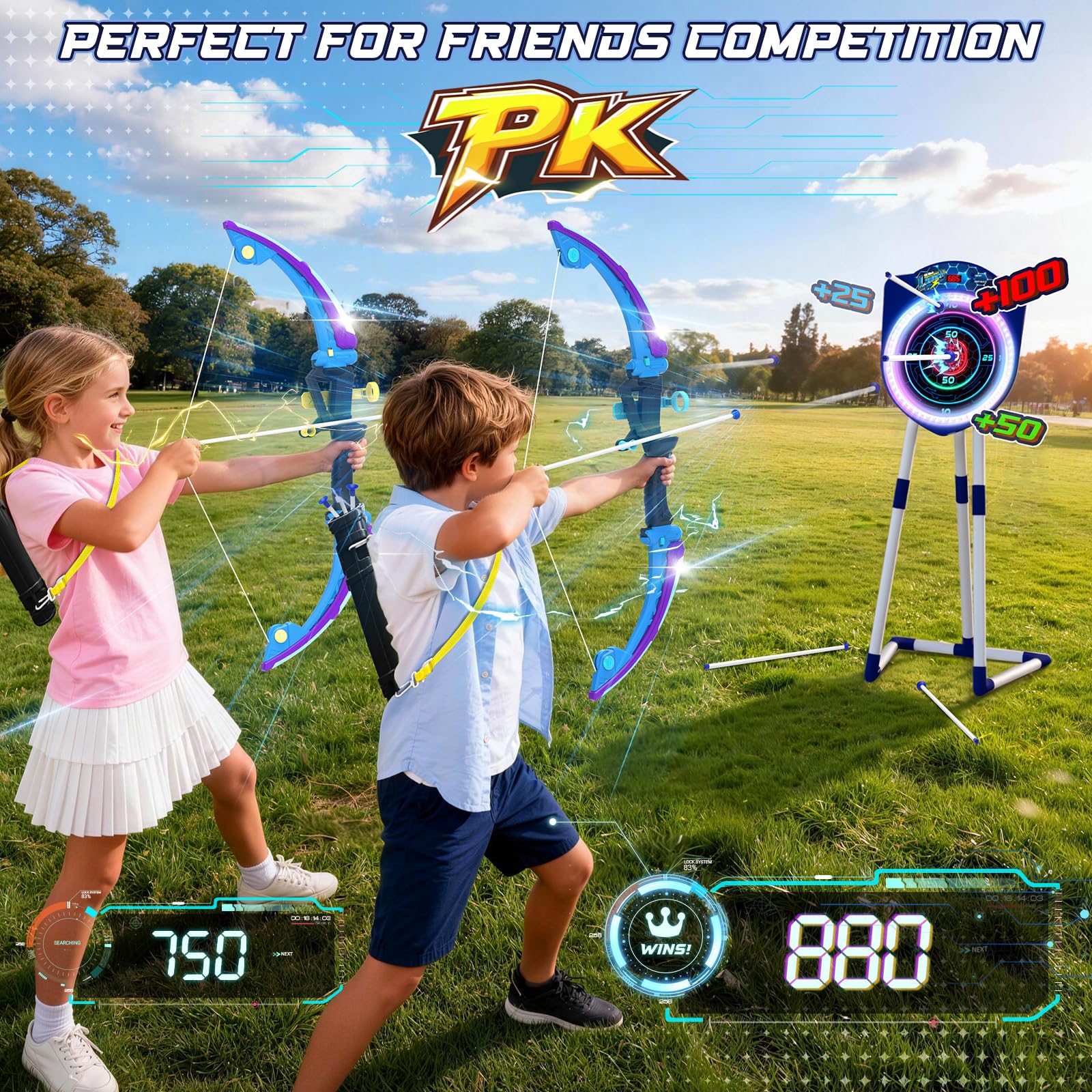 VATOS 2 Arcs et Flèches LED pour Enfants avec Comptage Automatique, Set de Tir à l’Arc Lumineux avec 10 Flèches, Cible LED, Jouet d’Intérieur et d’Extérieur pour Garçons et Filles de 5 à 12 Ans