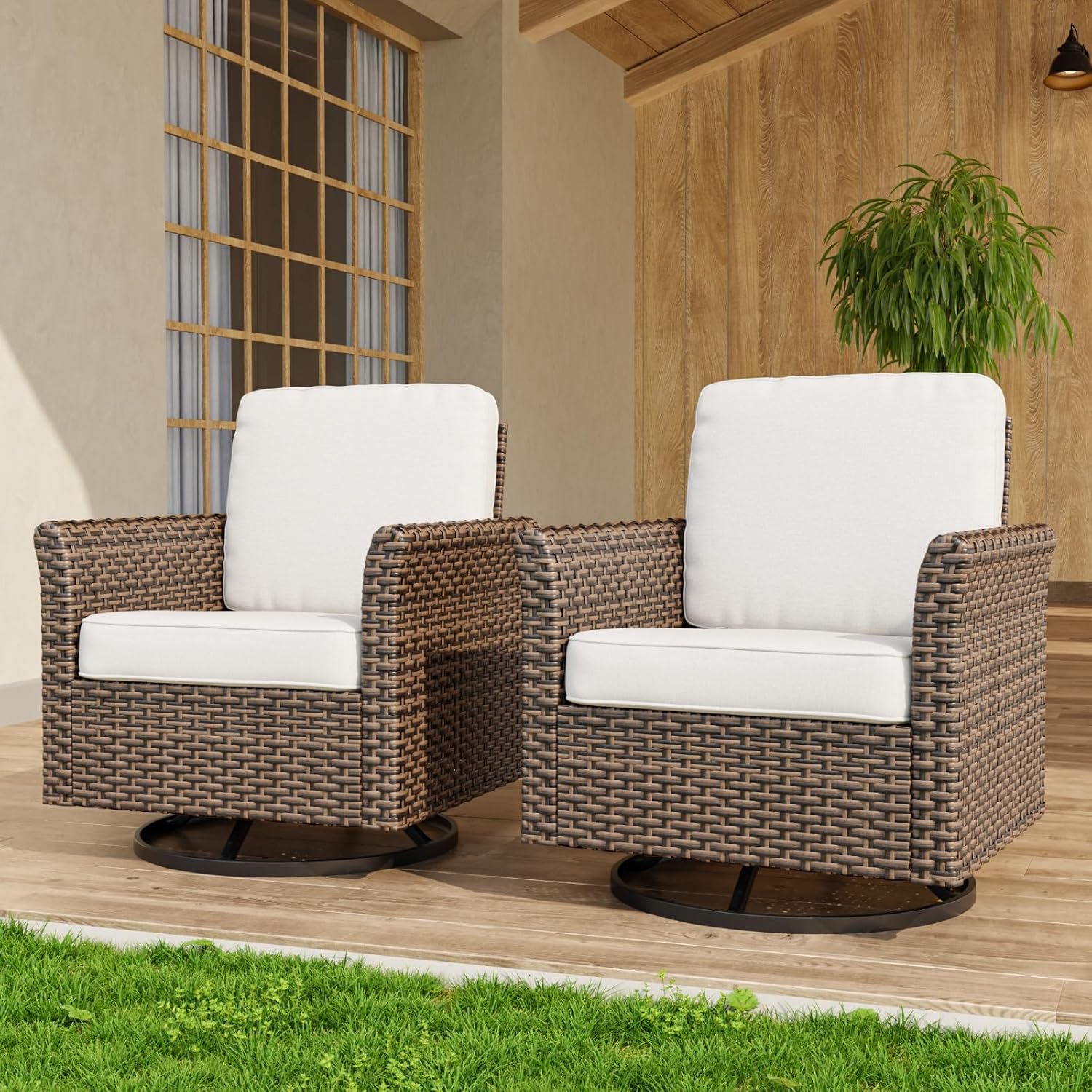 COOS BAY Harbor Retreat 2 Piece Outdoor Patio Swivel Rocker Set, 360° Swivel Rocking Glider Chairs, PE Wicker Furniture, Brown/Beige