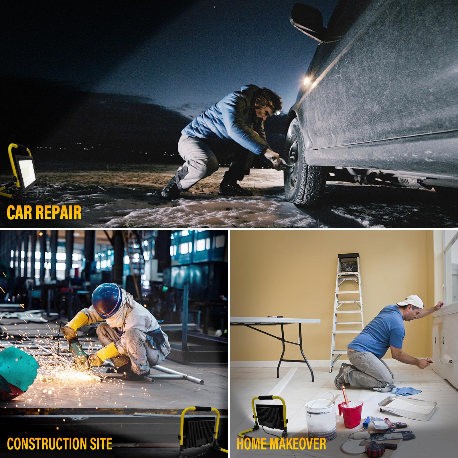RIGIDON 150W Faretto LED da Cantiere, 15000LM Faro LED Portatile con Cavo 3M Rotazione 180° con Staffa Pieghevole Lampada da Lavoro Proiettore LED Impermeabile per Esterno Lavori Officina e Garage