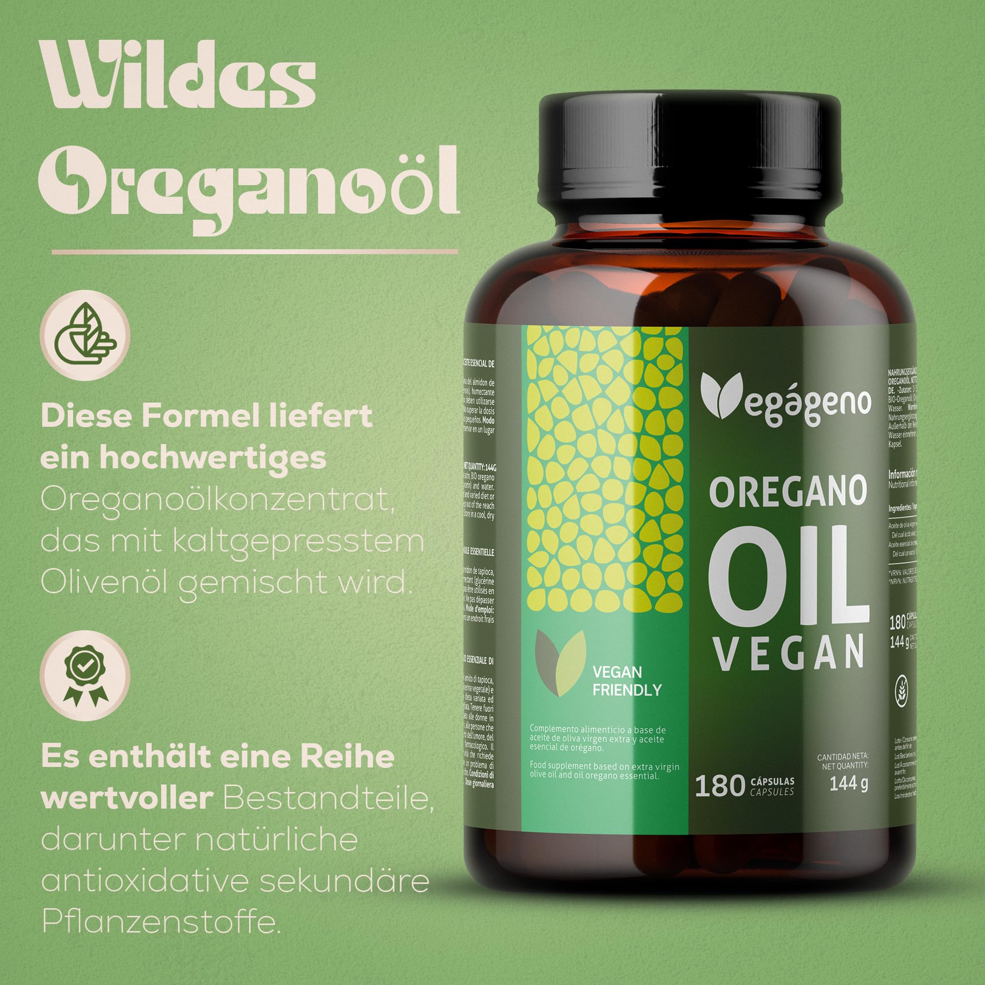 VEGAGENO – Oreganoöl Kapseln | 180 vegane Kapseln mit nativem Olivenöl, ätherischem Oreganoöl, Carvacrol & Omega-9 | Nahrungsergänzungsmittel