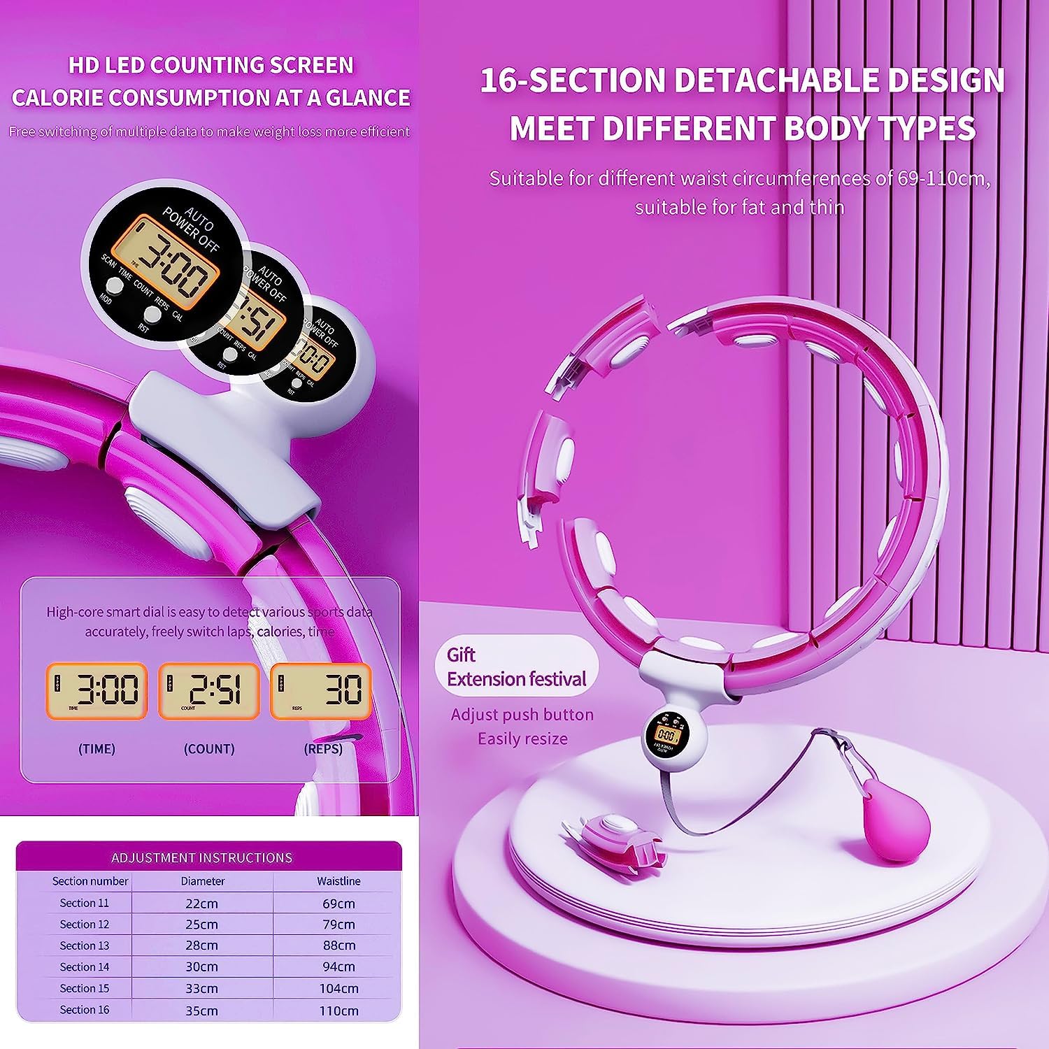 Active 100 Fitness Hula Hoops, Smart Weighted Hula Hoop for Adults Adjustable Infinity Hoop with 360° Auto-Spinning Ball - Image 4