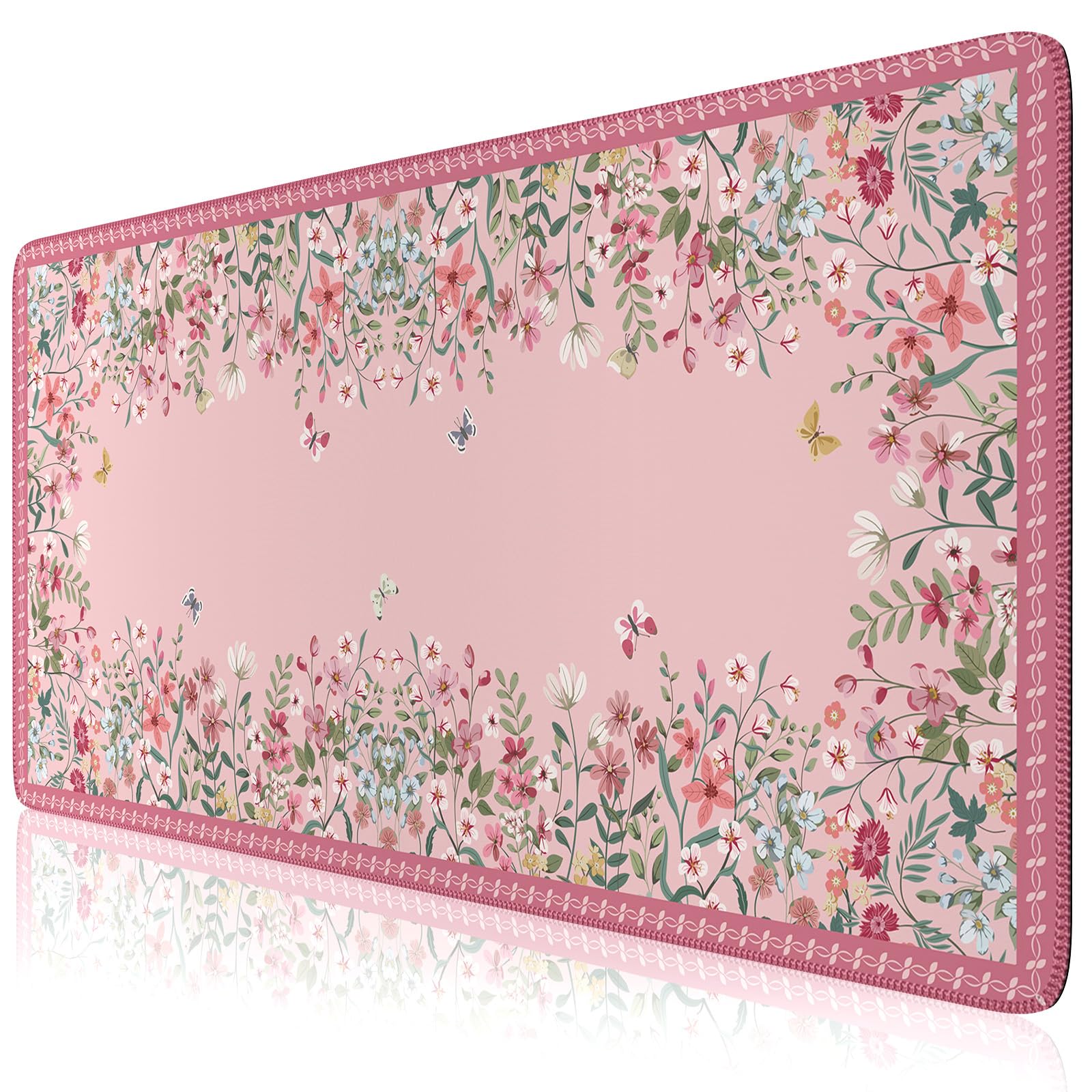 HAOCOO Rose Desk Pad Mat Floral, Cute Desk Matt for Desktop, Non-Slip Large Mouse Pad with Edge Stitching, Waterproof Keyboard Mat for Gaming, Office,