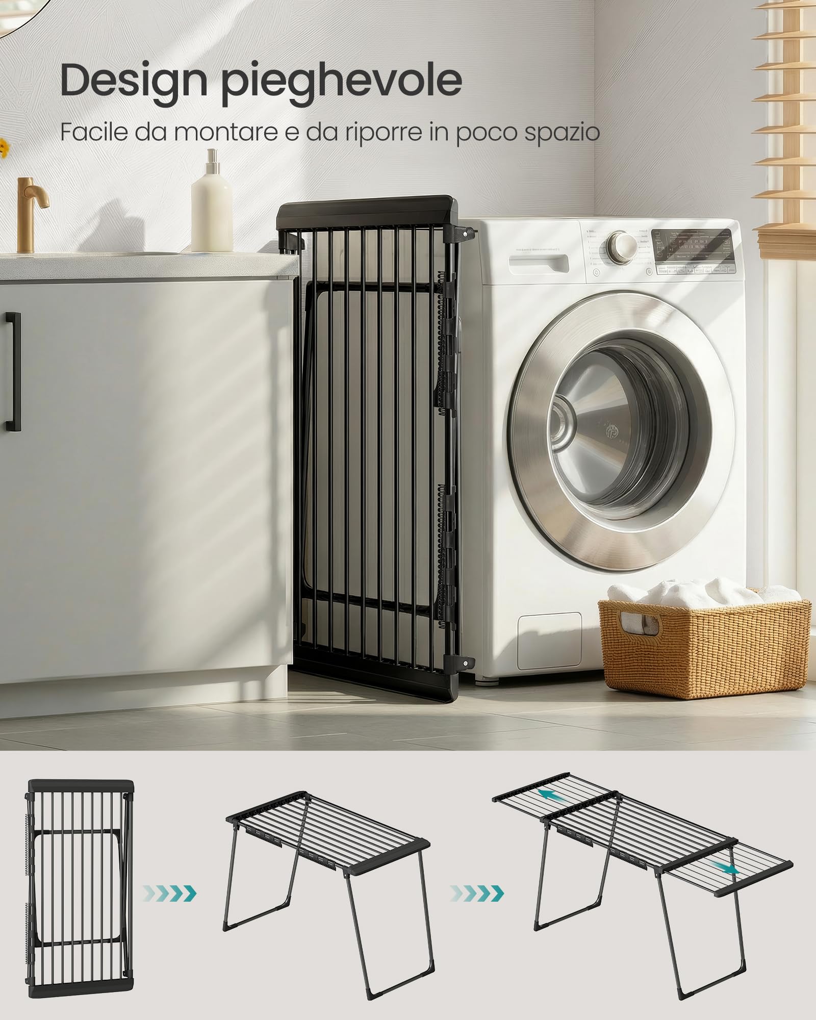SONGMICS Stendibiancheria Pieghevole, Superficie di Asciugatura 22 m | Stendino da Terra, Ali Estensibili, con Porta Calzini, Nero Inchiostro, Bunji LLR522BH01