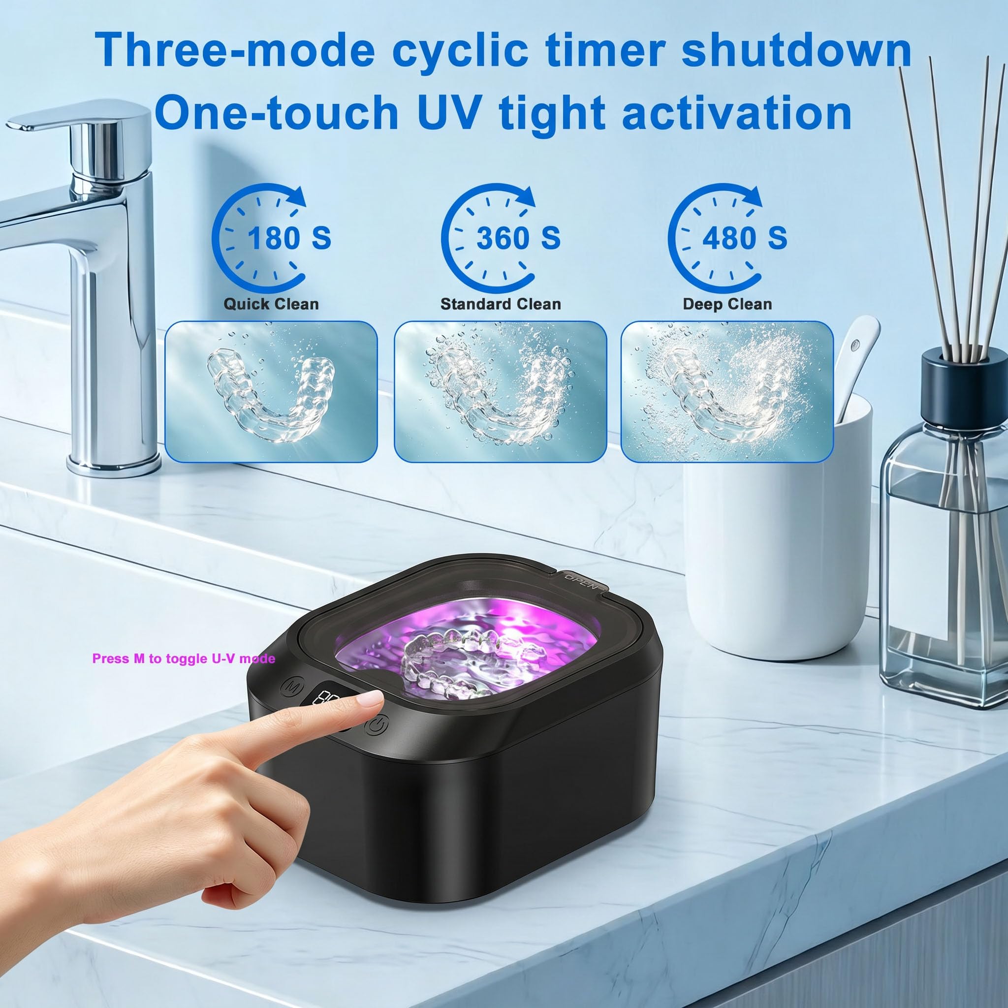 Limpiador ultrasónico de retención, limpiador ultrasónico U-V de 48 kHz para aparatos dentales, protector bucal, aparatos ortopédicos, cepillo de dientes, 220 ml, portátil, de acero