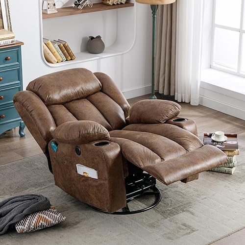 Miniatura 7 de Silla reclinable mecedora giratoria manual con masaje térmico, silla de descanso giratoria de 360 con 2 portavasos, bolsillos laterales y puertos