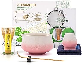 TEANAGOO Matcha Kit (7pcs) Lot de 7 fouets à matcha rose, kit de poudre matcha de cérémonie, service à thé matcha pour faire du latte, ensemble de fouet à matcha et bol avec cuillère et tamis