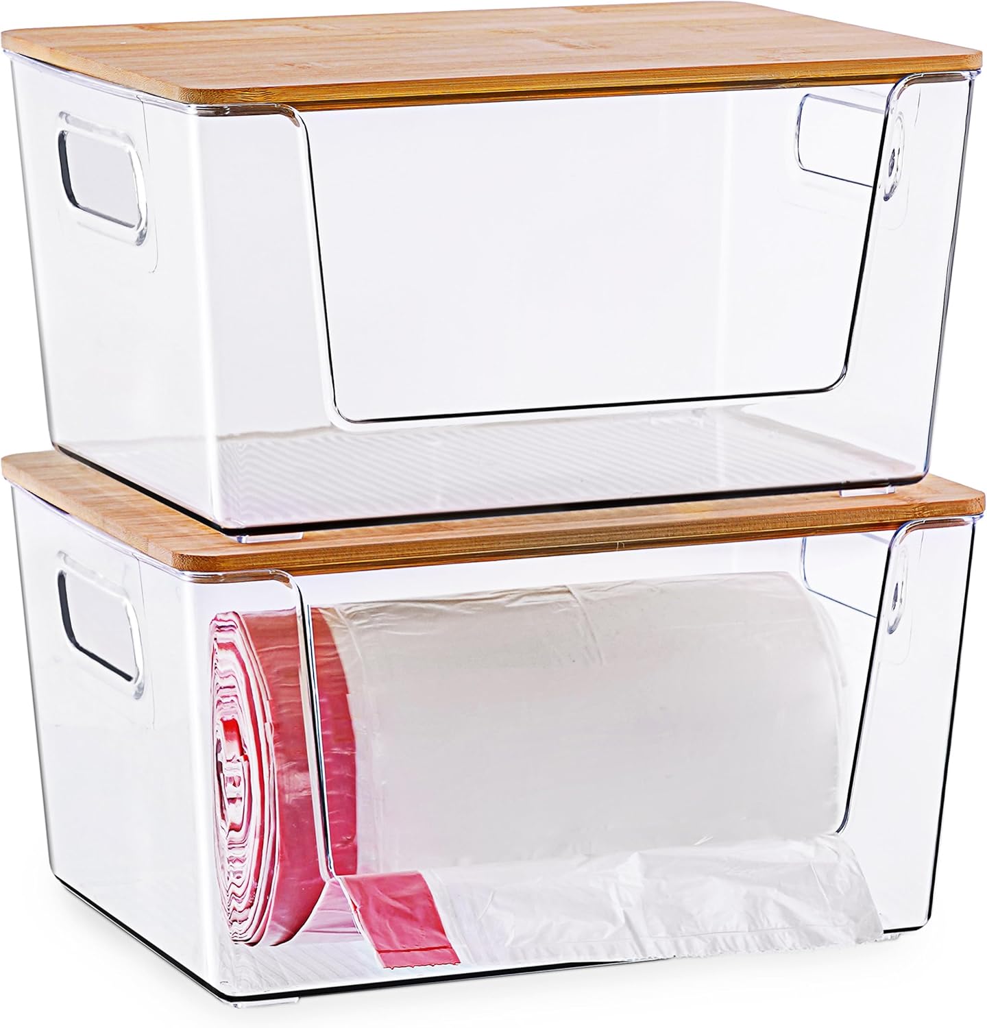 Citylife 2-Pack Extra Large Trash Bag Holders with Bamboo Tops and Handles, Laundry Room Organization and Storage for Home, Kitchen, Under-Sink Garbage Bag Dispenser