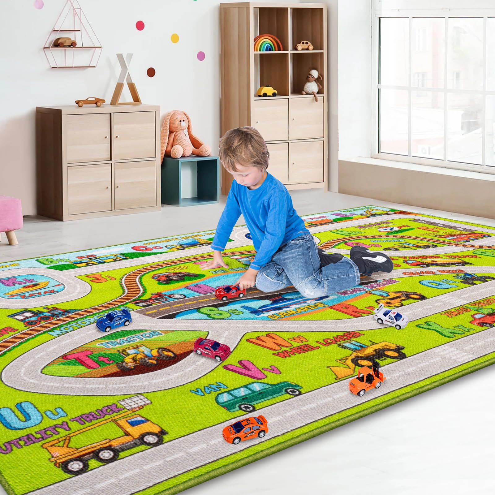 Booooom Jackson Train Car Play Rug,ABC Alphabet Toy Car Mats for Floor