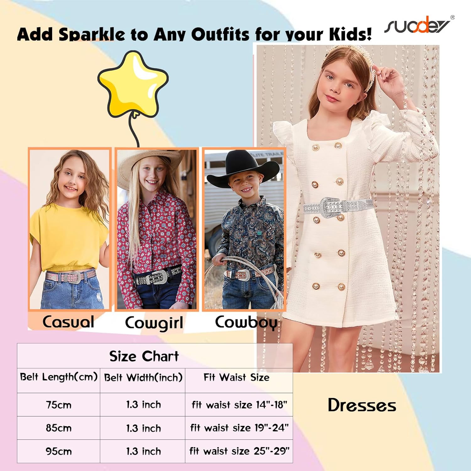SUOSDEY Kids Rhinestone Belt for Girls Boys,Western Cowgirl Cowboy Studded Leather Belt for Child - Image 5