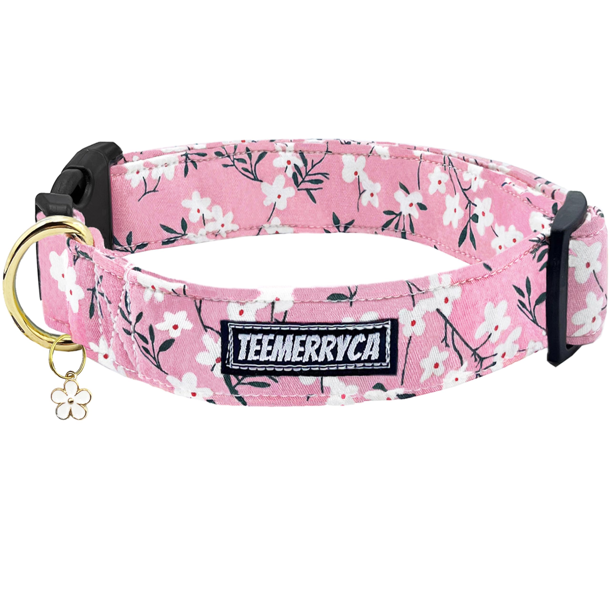 TEEMERRYCA Cute Girly Pink Ditsy Floral Cotton Dog Collars with a Adorable Little Flower Charm Beautiful Pet Collar for Large Dogs Girl, L