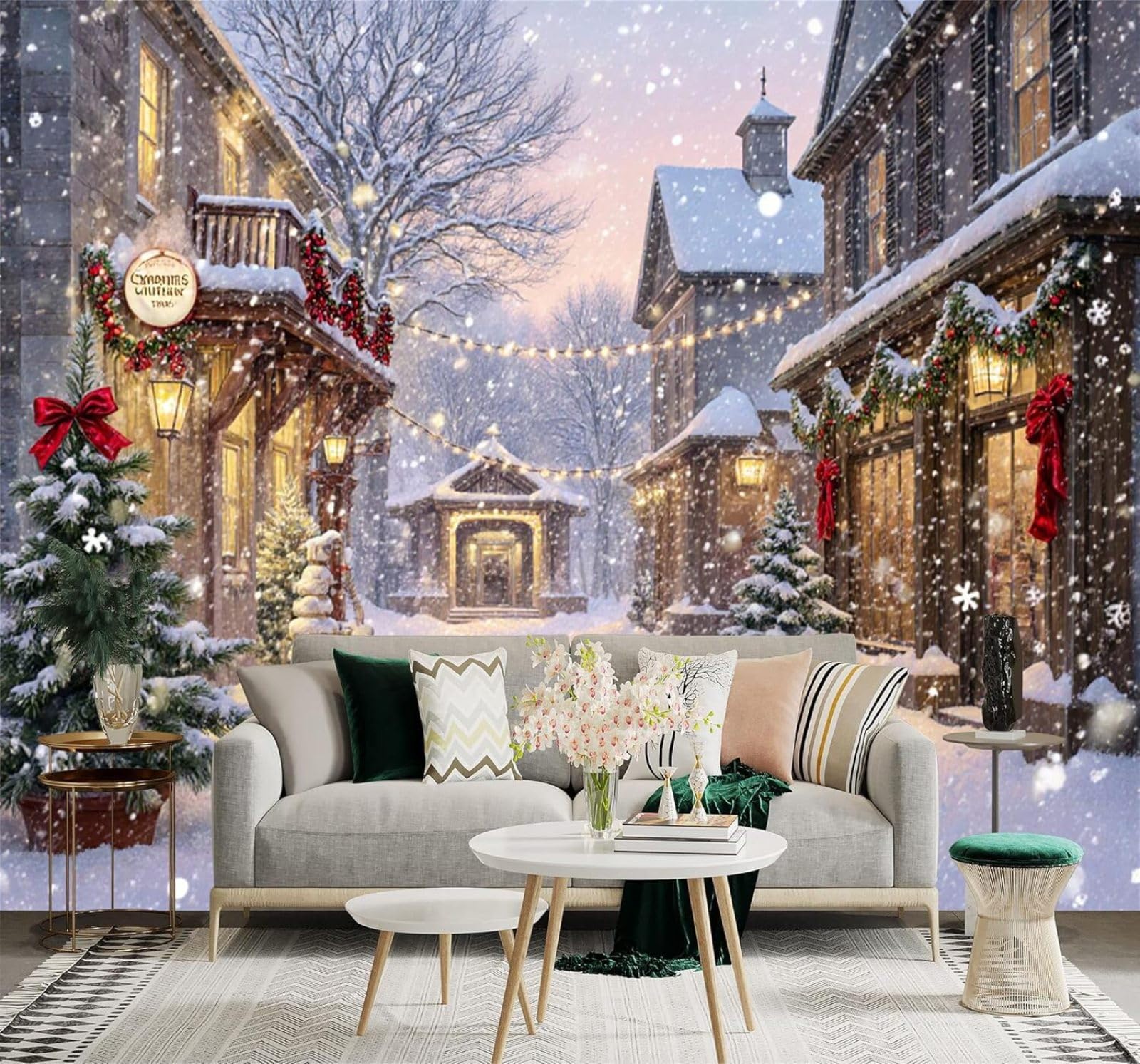 Xlming 200Cm×140Cm(B×H) Picturesque Winter Country Street Snowy Scene Warm Lights 3D Wallpaper Premium Textured Silk Study Dining Living Room Bedroom Sofa Tv Wall Easy Install-200Cm×140Cm