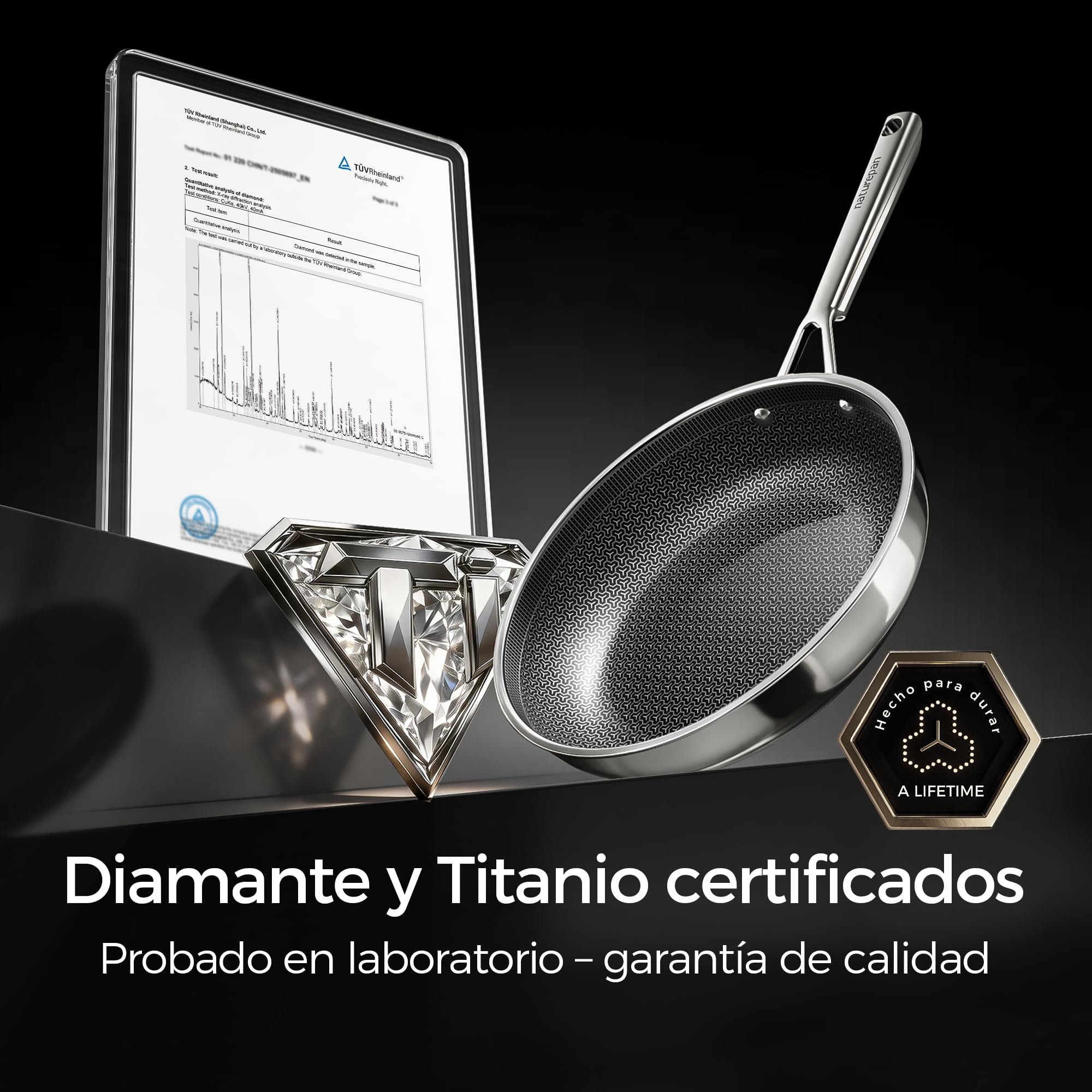 DiamondTitan Híbrida Sartén Acero Inoxidable 28 cm, Sartén de Cerámica Antiadherente, para Todas Cocinas, Estructura Panal Láser, Mango Fresco, Lavavajillas