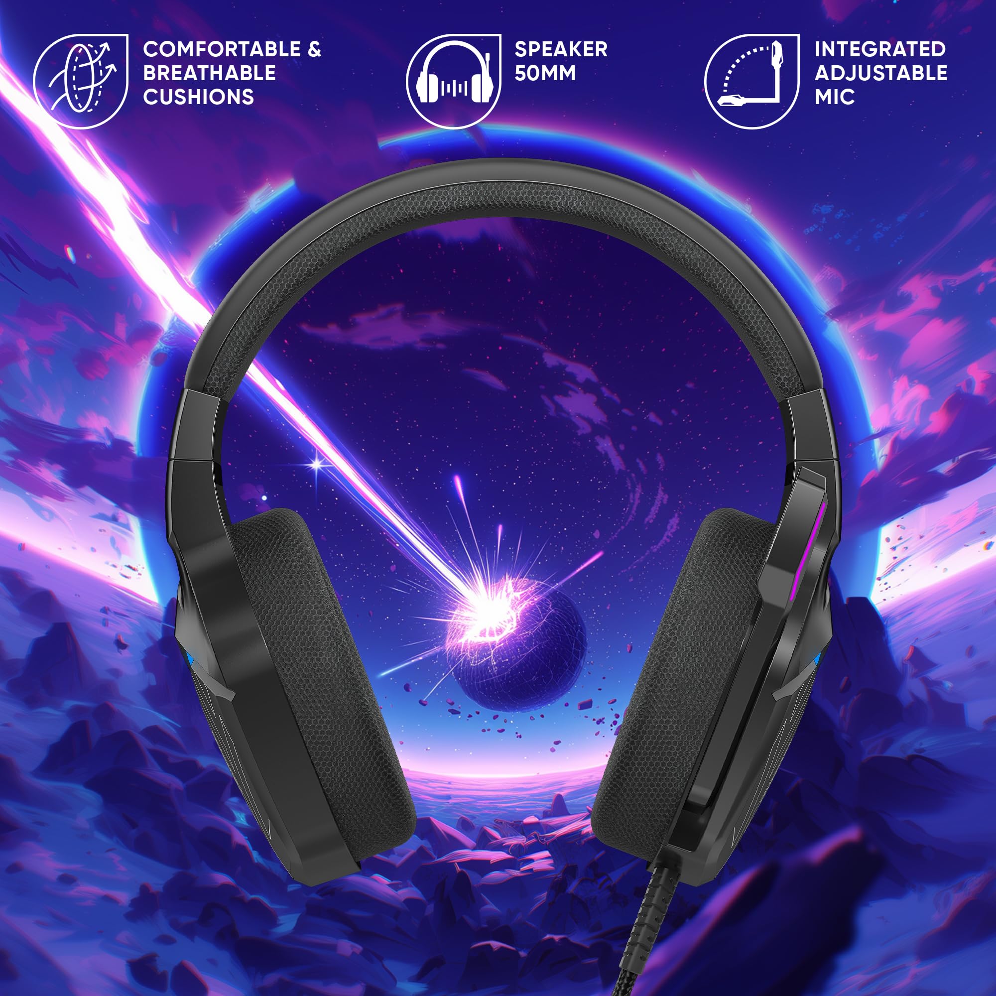 Oniverse - Auriculares para juegos con cable con micrófono ajustable, compatible con PS5 PS4 Switch Xbox PC Mac, Auriculares LED para gamer, altavoces de 50 mm, cómodos y transpirables, con cable Jack