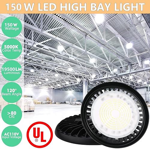 Miniatura 2 de Paquete de 2 lámparas LED de alta bahía de 150 W para almacén, luz diurna de 120 V 5000 K, 19500 lm (600 W-800 W HPSMH Eqv.), luces LED UFO Highbay
