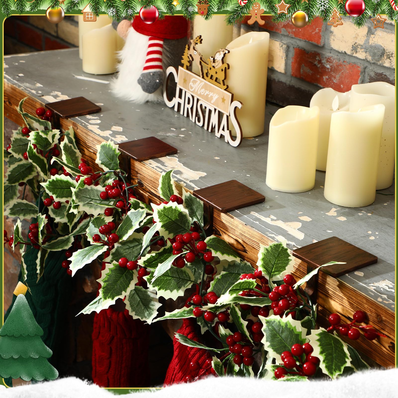 Zhengmy Lot de 4 supports de chaussettes de Noël pour cheminée, deux crochets pour guirlande, boules, cheminée, décoration de fête de Noël (bronze)