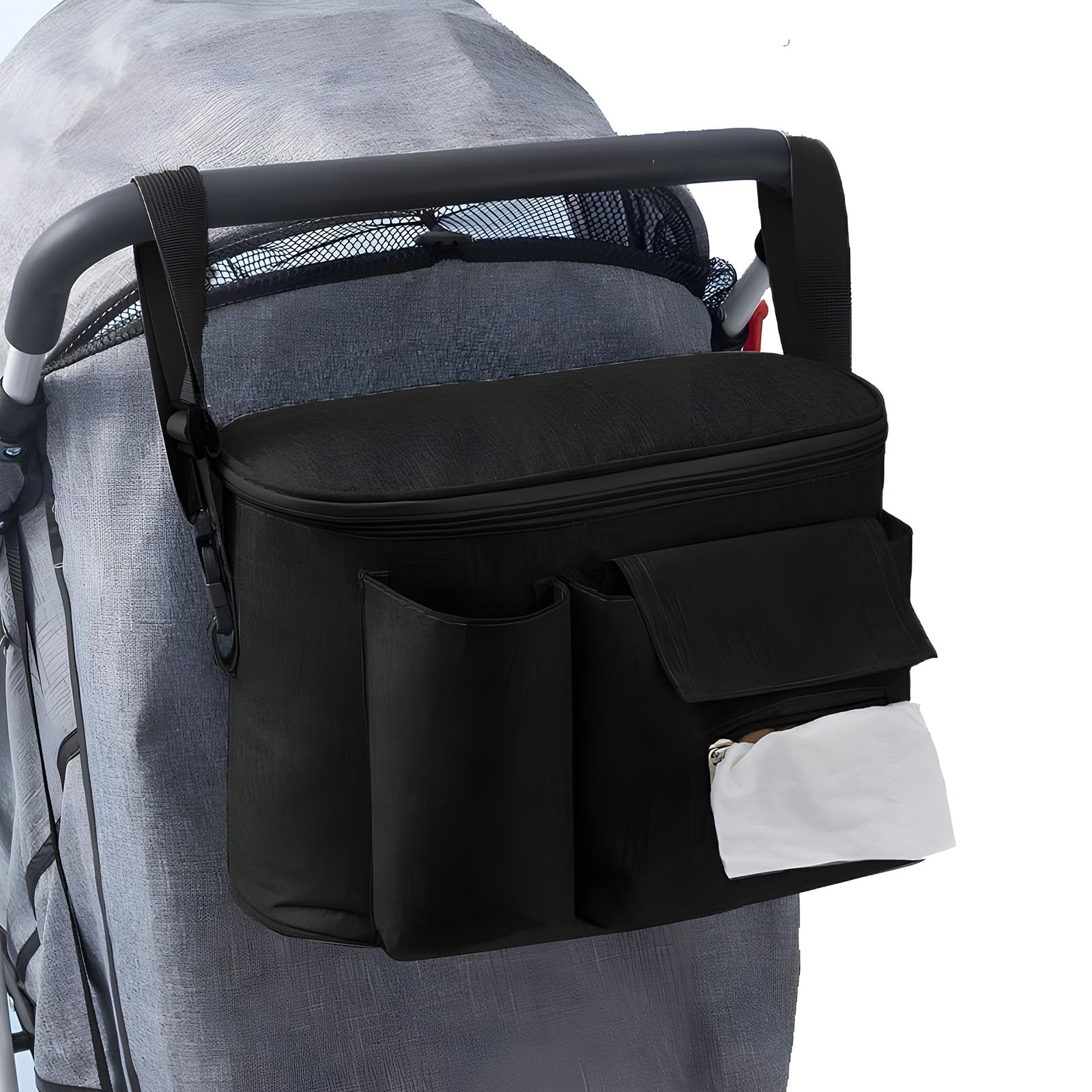 AUSYIWI Bolso Carro Bebé Universal, Bolso Organizador Carritos con Correas Ajustables y Portavasos, Gran Espacio Bolso de Cochecitos para Pañales, Toallitas, Teléfonos Móviles, Negro