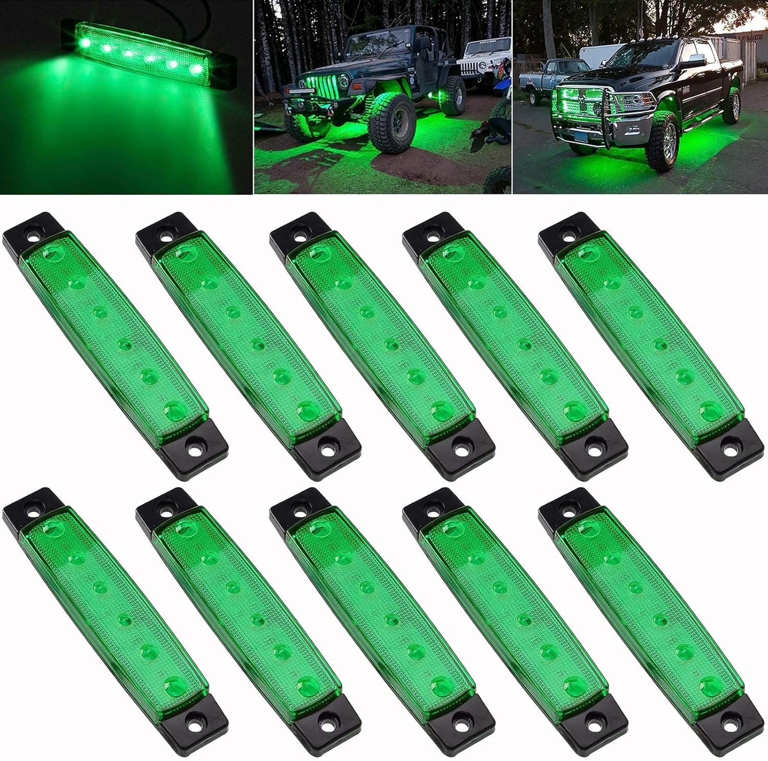 PSEQT 3.9'' LED Rock Strip Lights Car Exterior Underglow Wheel Fender Light Green (10Pcs) + 100FT/30M 22AWG 2pin Extension Cable Wires Cord (1Pcs)