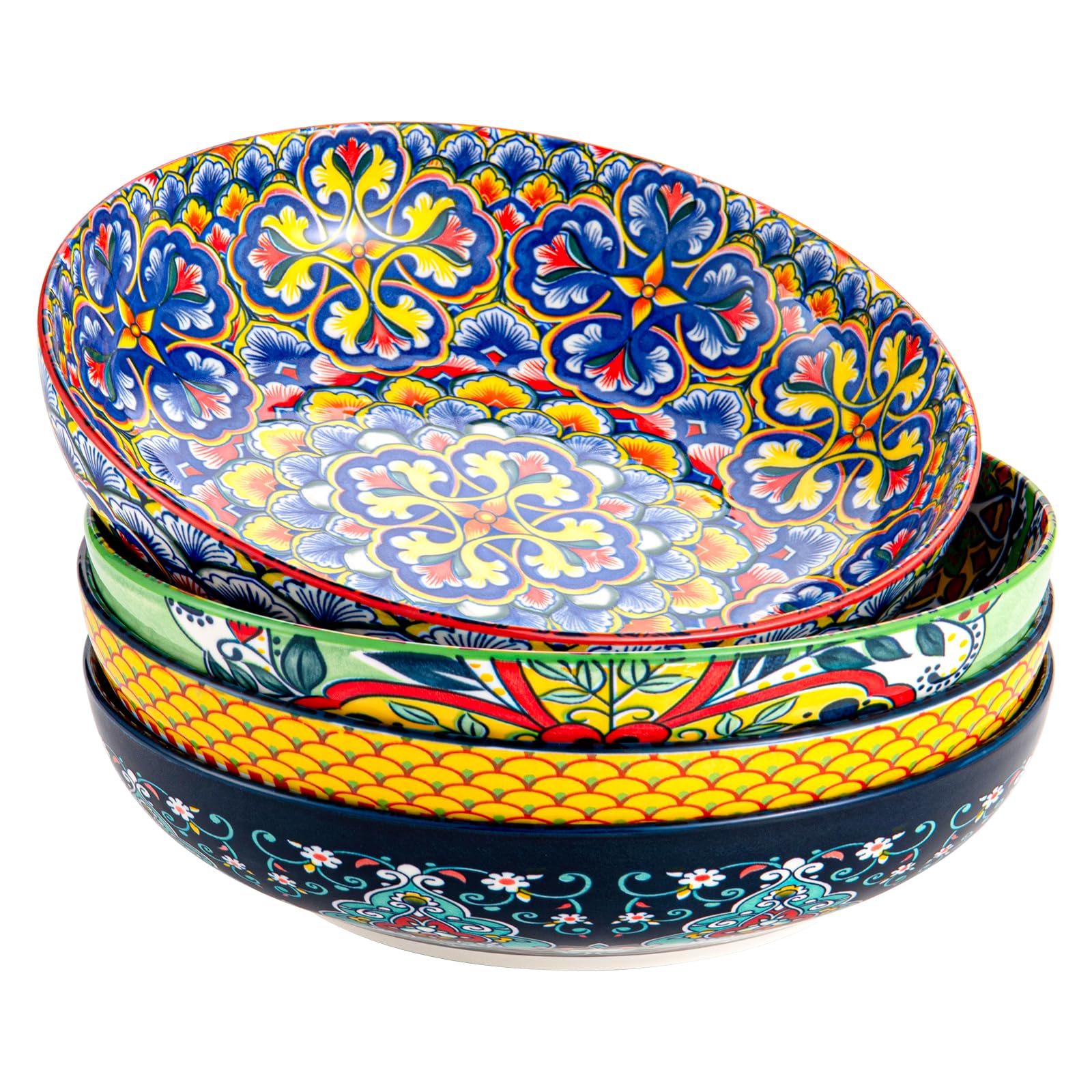 HENXFEN LEAD Saladiers 1330 ml, assiettes creuses, assiettes à pâtes, lot de 4 en porcelaine, grands plats de service colorés pour pâtes, nouilles, salade, soupe, style bohème