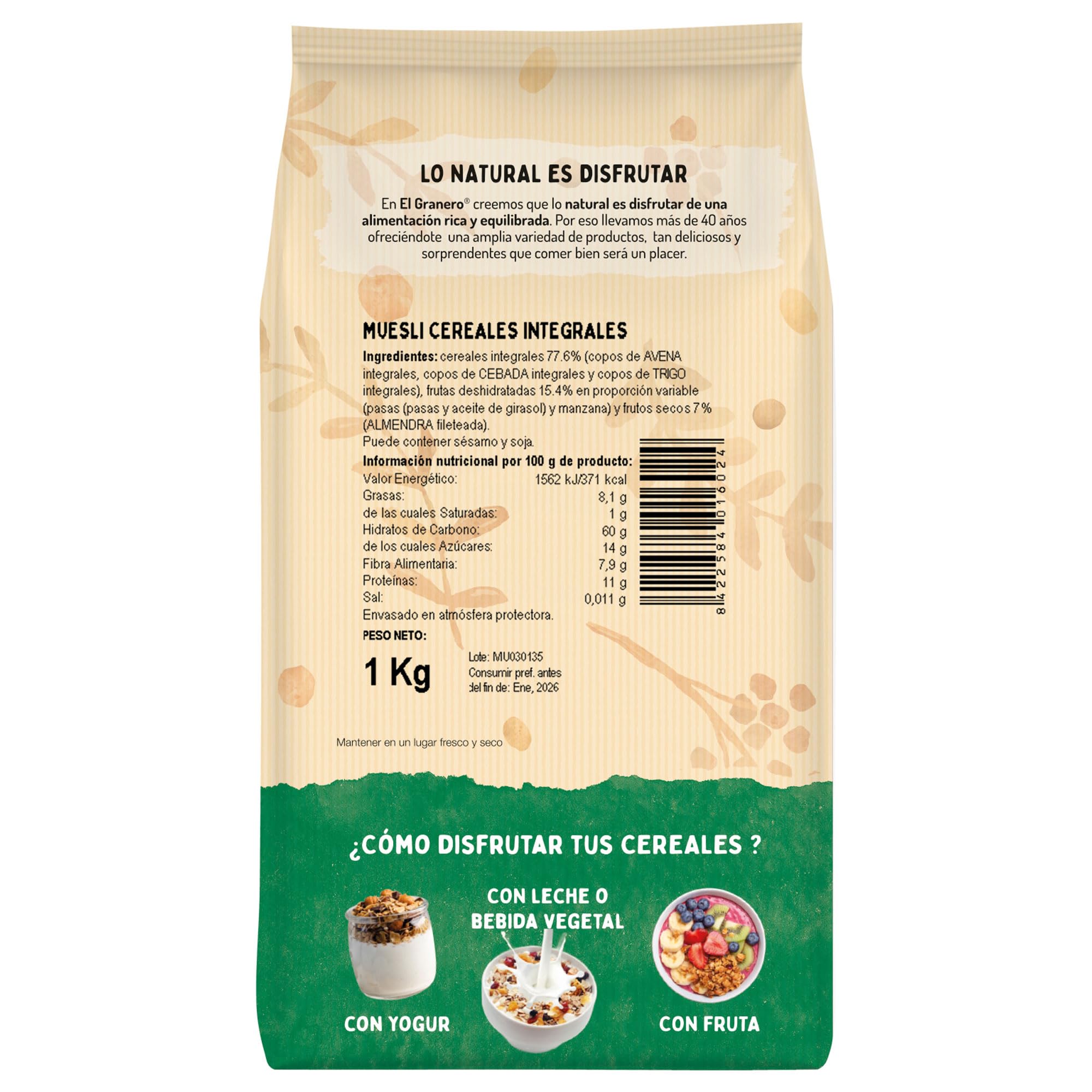 El Granero Integral - Muesli - 1 kg - Elaborado con Cereales y Frutas Deshidratadas - Gran Fuente de Energía - Refuerza el Tránsito Intestinal - Ideal para el Desayuno - Apto para Veganos