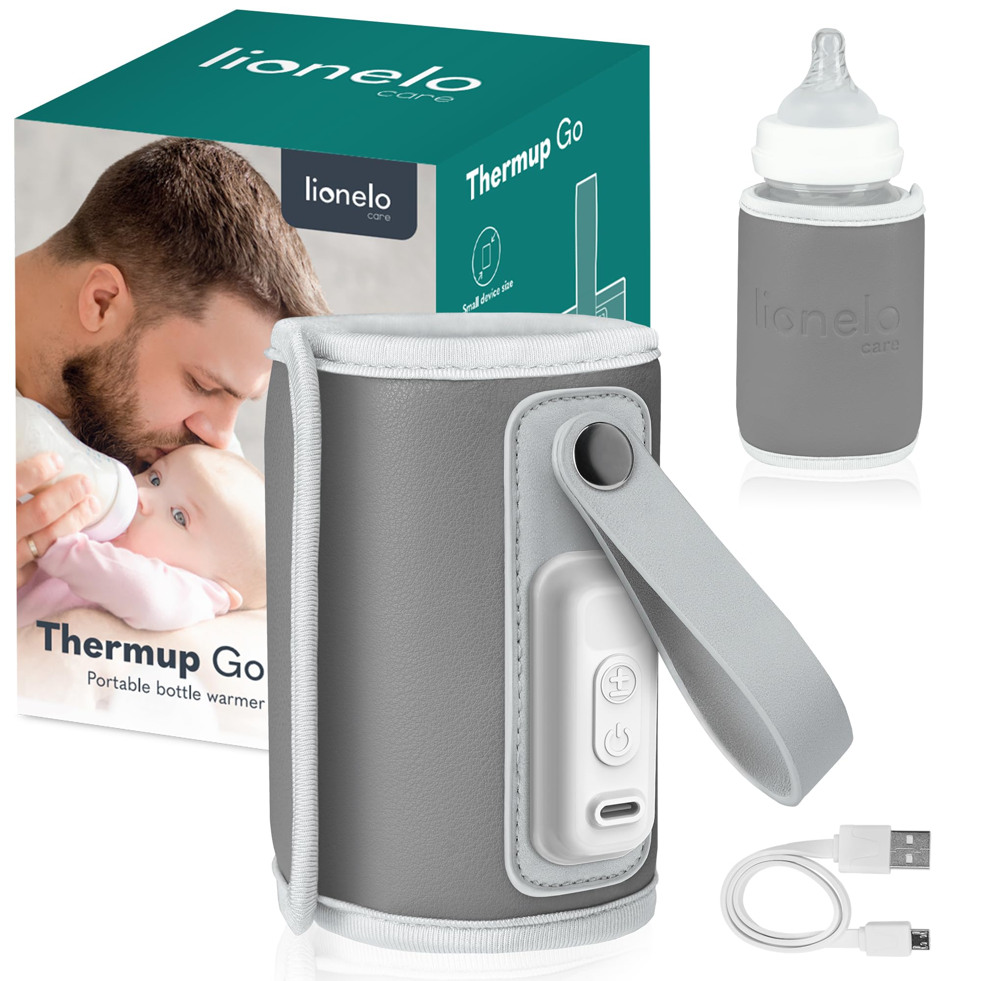 LIONELO Thermup Go Tragbarer Flaschenwärmer zur Temperaturhaltung, hält Wärme bis zu 24 h, 5 Temperaturstufen zur Auswahl, USB-Ladung, Aufwärmzeit bis zu 45 min, BPA-frei