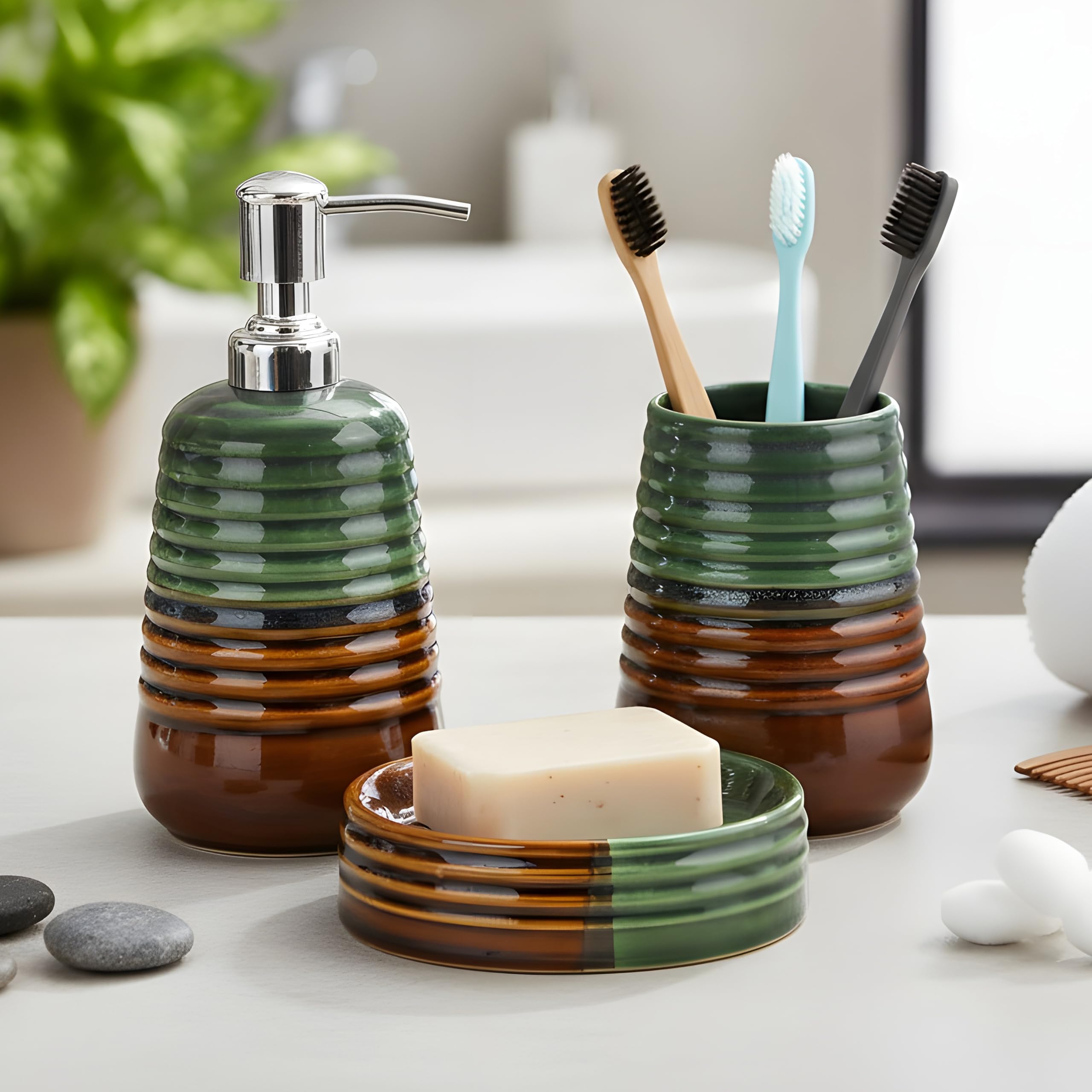 Premium Ceramic Bathroom Accessories Set of 3 | Modern Luxury Bath Set with 300ml Soap Dispenser, Toothbrush Holder & Soap Dish | Home Décor Item| Best for Gift | Double Color Ring Design-image-15