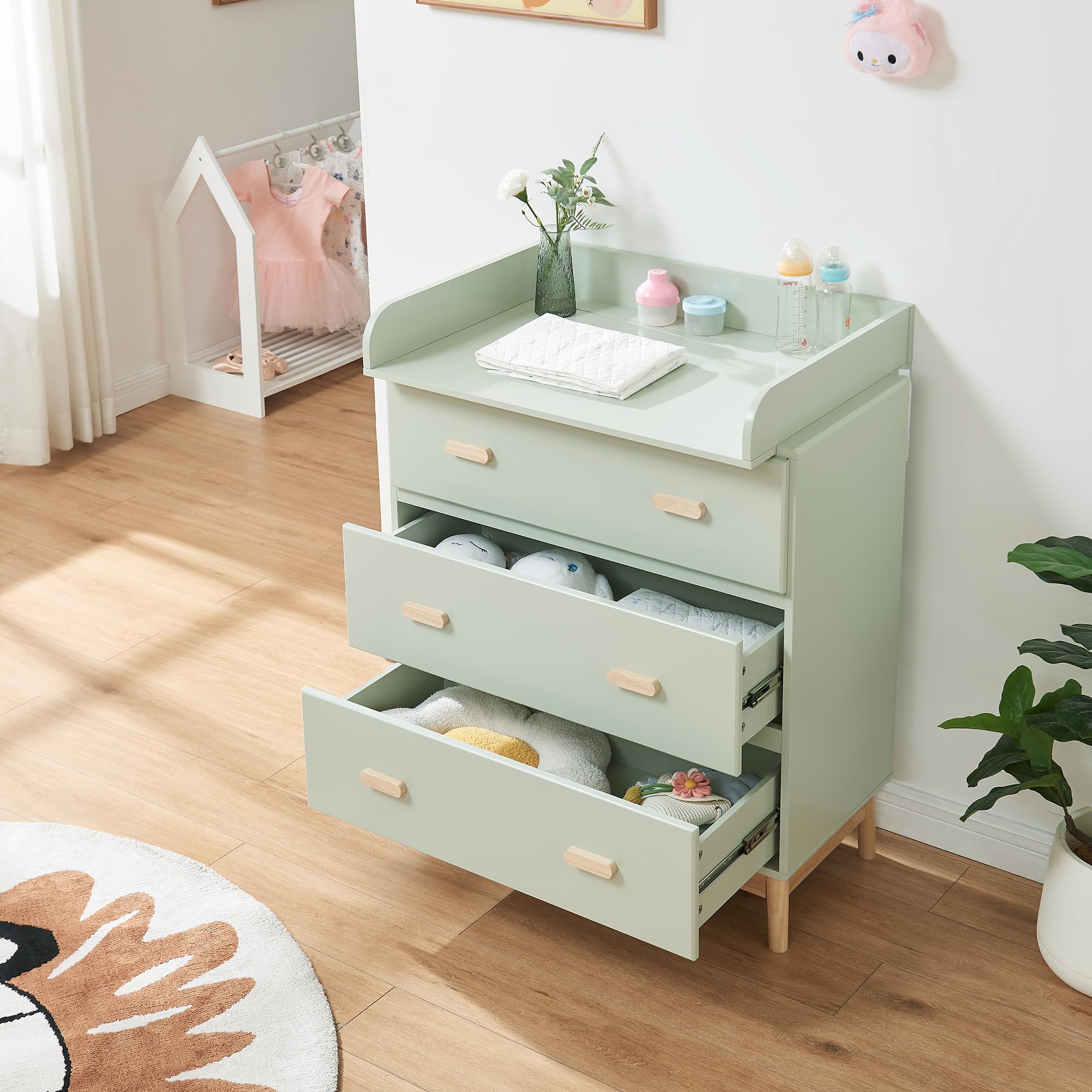 [en.casa] Mueble Cambiador Bebé Sarievn 2 en 1 Cómoda con Cambiador Bebé Cajonera con 3 Cajones para Habitación Infantil Moderno MDF 100 x 80 x 53 cm - Verde Menta