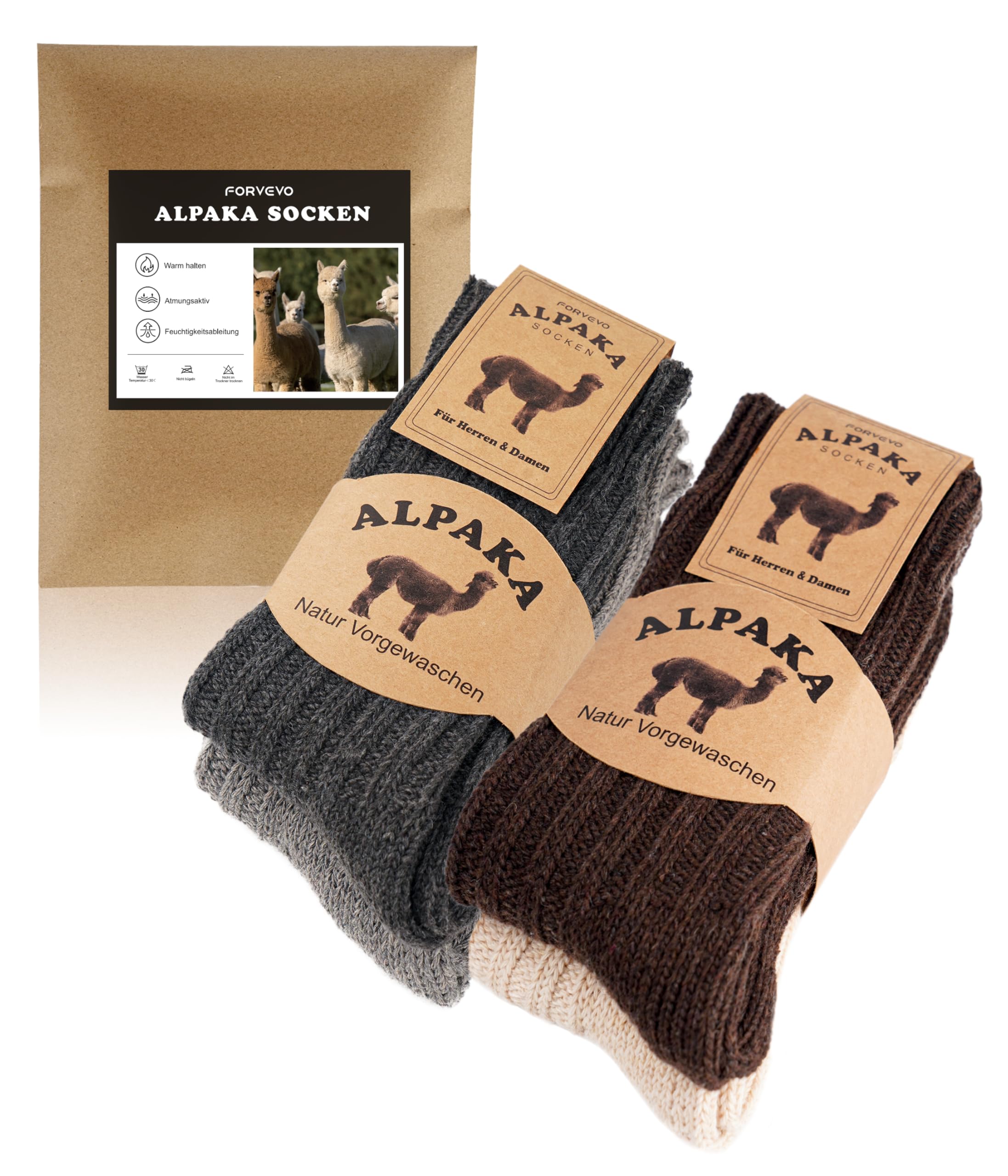 FORVEVO 4 Paar Alpaka Socken, Wollsocken Herren Damen, Warme Wintersocken mit Alpakawolle, Thermo Flauschig Stricksocken für Kaltes Wetter