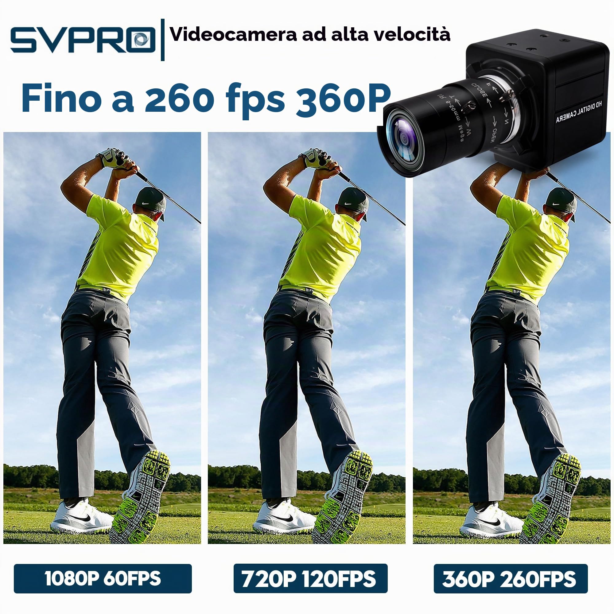 SVPRO Glof Swing Camera ad alta velocità 260fps 1080P 60fps Messa a fuoco manuale Webcam per computer con obiettivo 5-50mm Zoom ottico 10X Close-up per Windows Linux MacOS Android Raspberry Pi