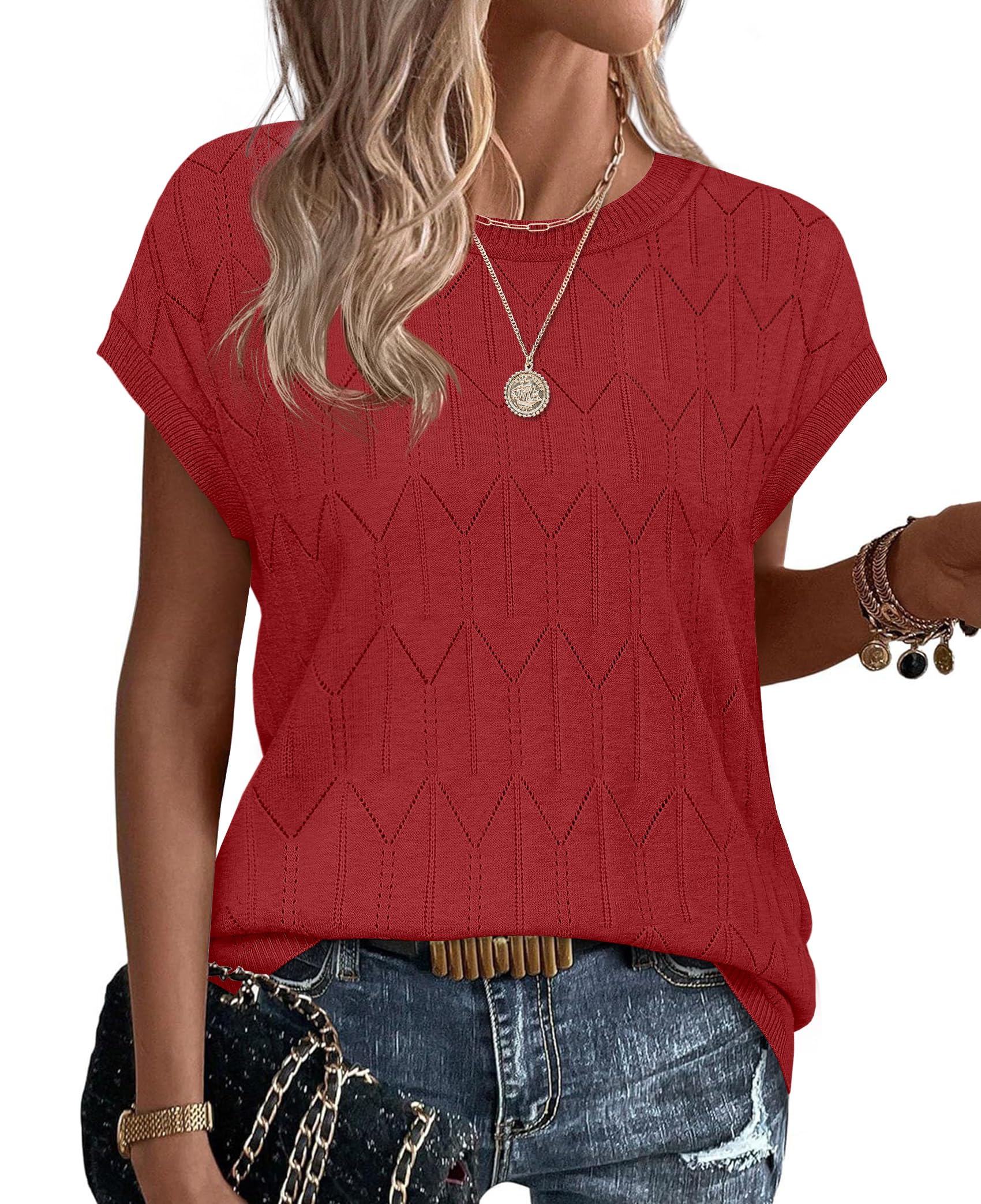 Sampeel Womens Tops Short Sleeve Sweaters 2026 Summer Spring Beach Vacation Clothes Business Casual Outfits
