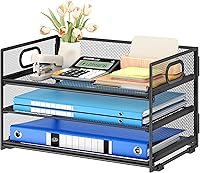 Vista 14 de Subekyu 3 Tier Paper Letter Tray Organizer for Desk, Gray Metal Mesh Desk File Folder Sorter Organizer with Handle and Sliding Tray for Home, Gris