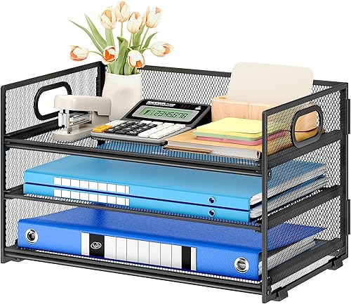 Subekyu Bandeja organizadora de cartas de papel de 3 niveles para escritorio, organizador de carpetas de archivos de malla de metal negro con asa y
