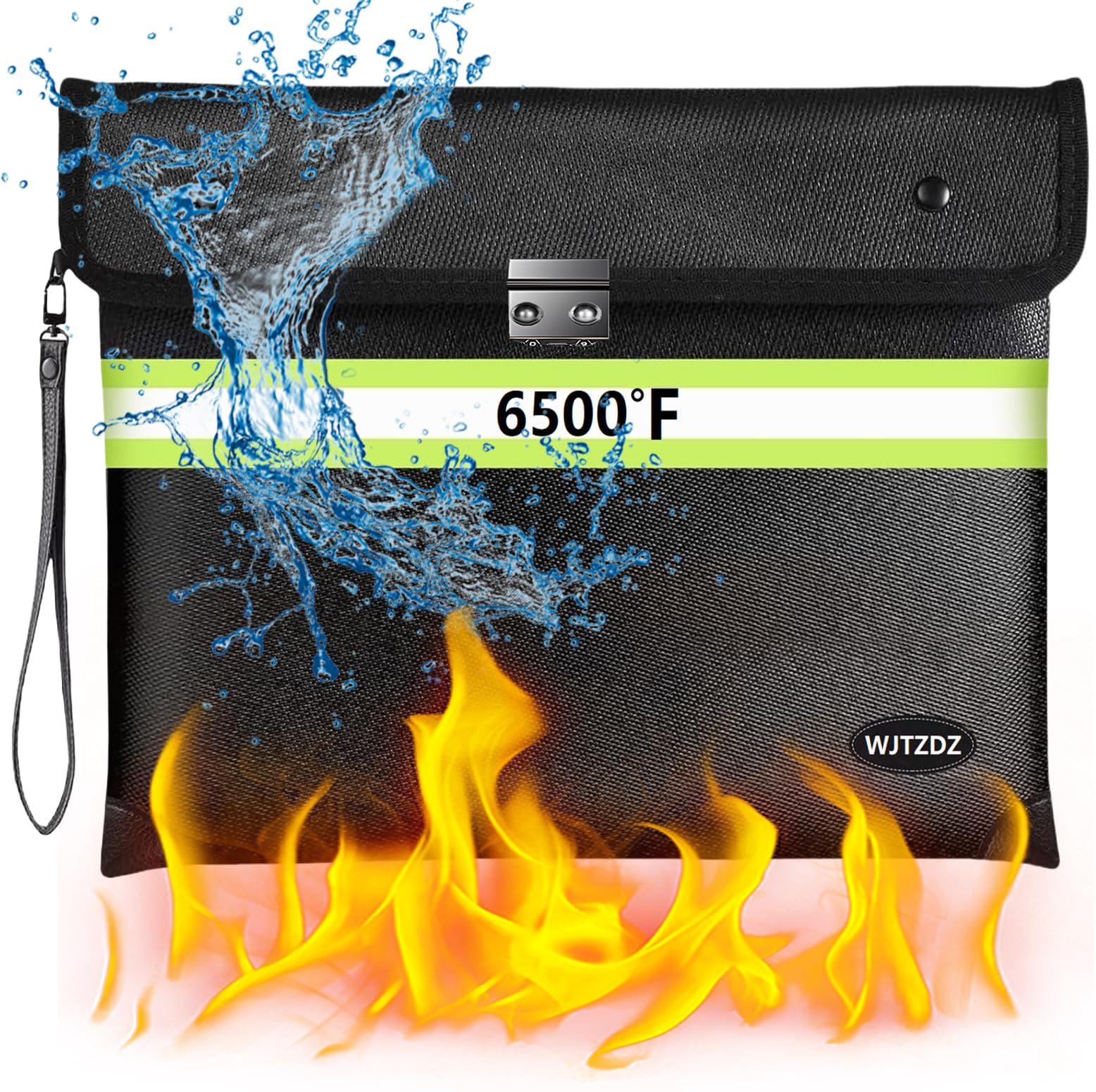 6500°F Fireproof Document Bag with Lock, Upgraded Fireproof/Waterproof Money Bag with Zipper/Reflective Strip,Storage Pouch for Cash,Cell Phone,