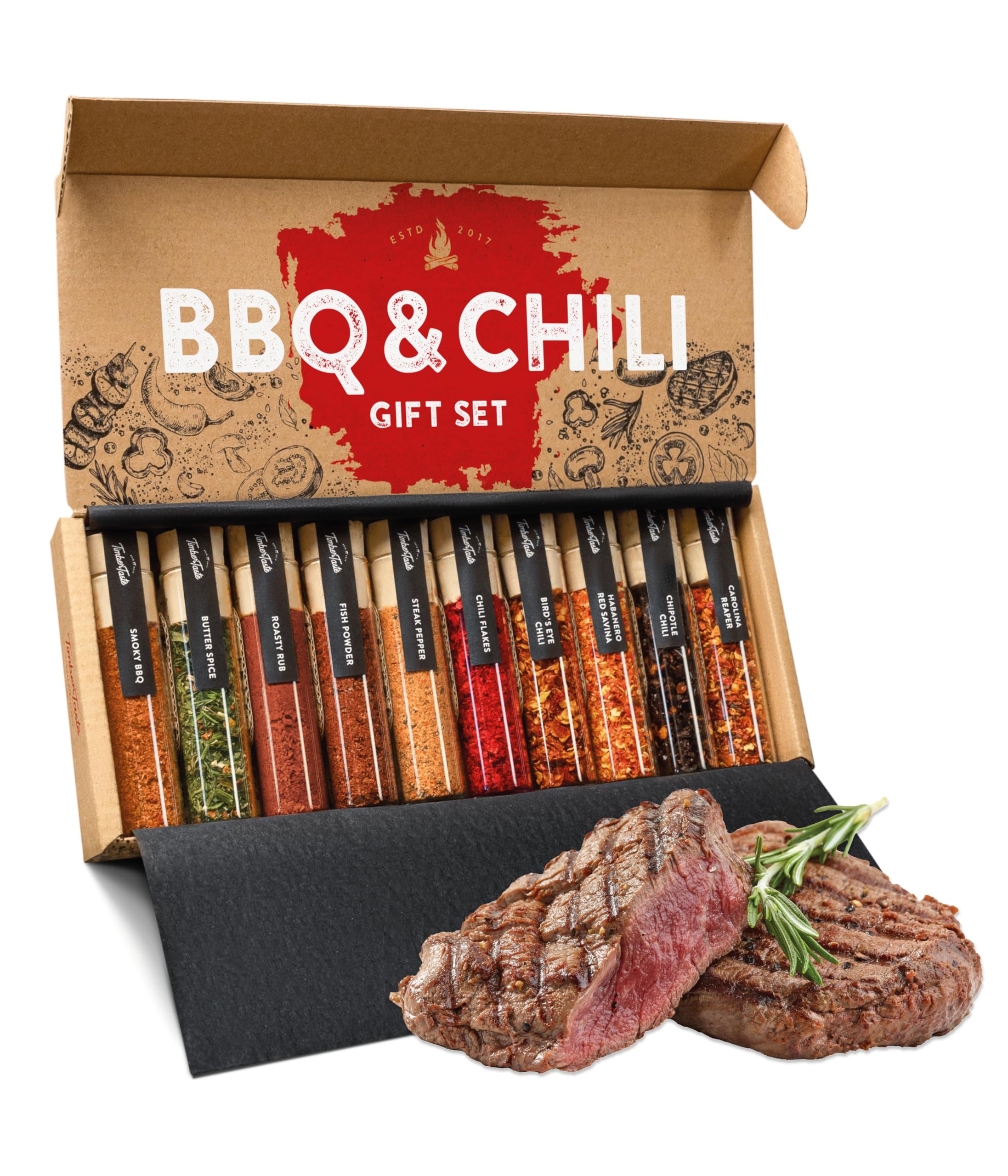 TIMBER TASTE® Gewürzset Geschenk Herren 10er Set 5 Grill Gewürze 5 scharfe Chilli Gewürze 1.200.000 Scoville