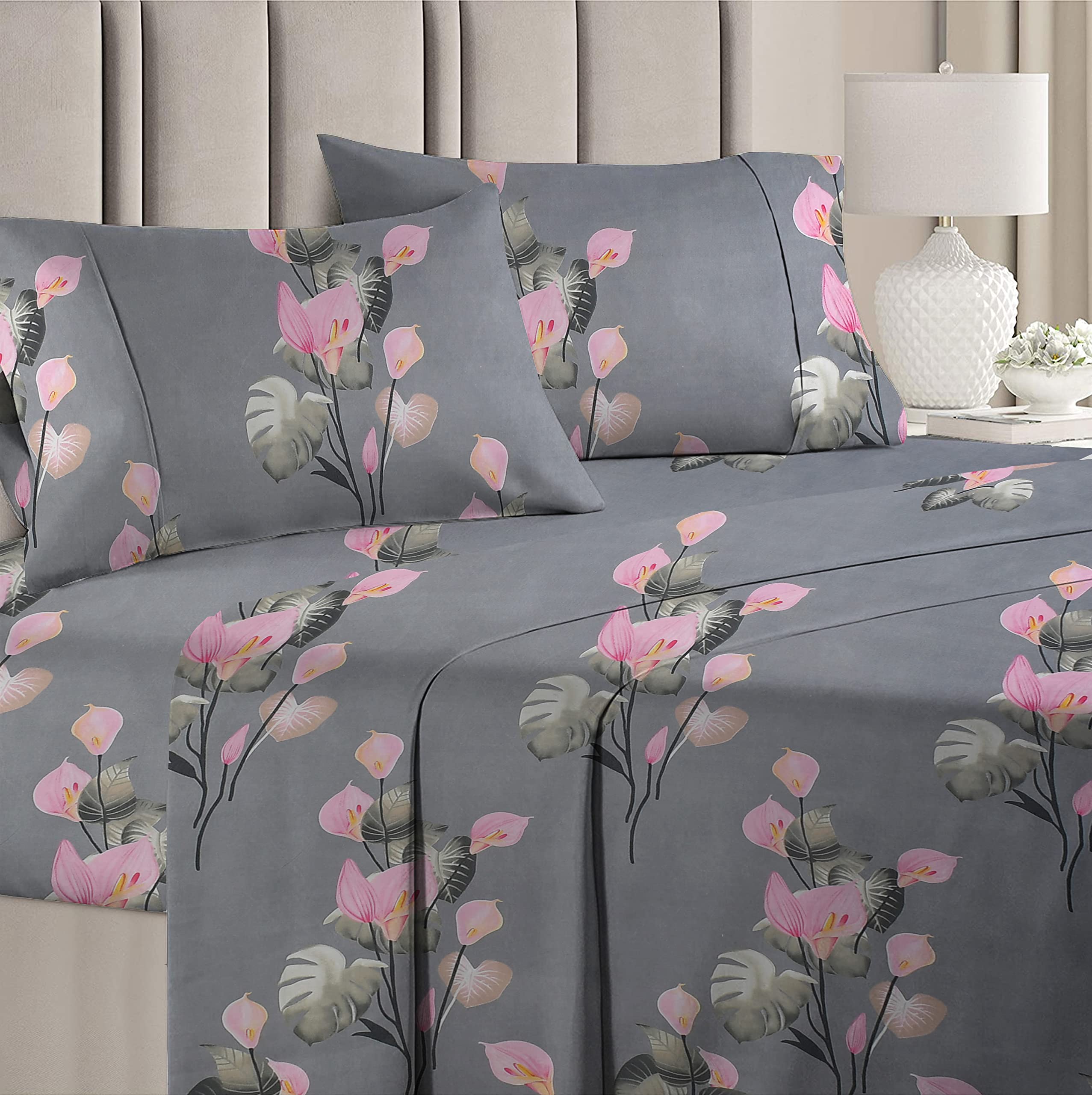 BSB HOME 100% Cotton Feel 160 TC Big Flower Printed Double Bedsheets with 2 King Size Pillow Cover, (90X90 Inches, 7x7.5 Feet, Grey & Pink Flower), 160tc, Under 200 tc (B08YJNC68C) Amazon Price History, Amazon Price Tracker