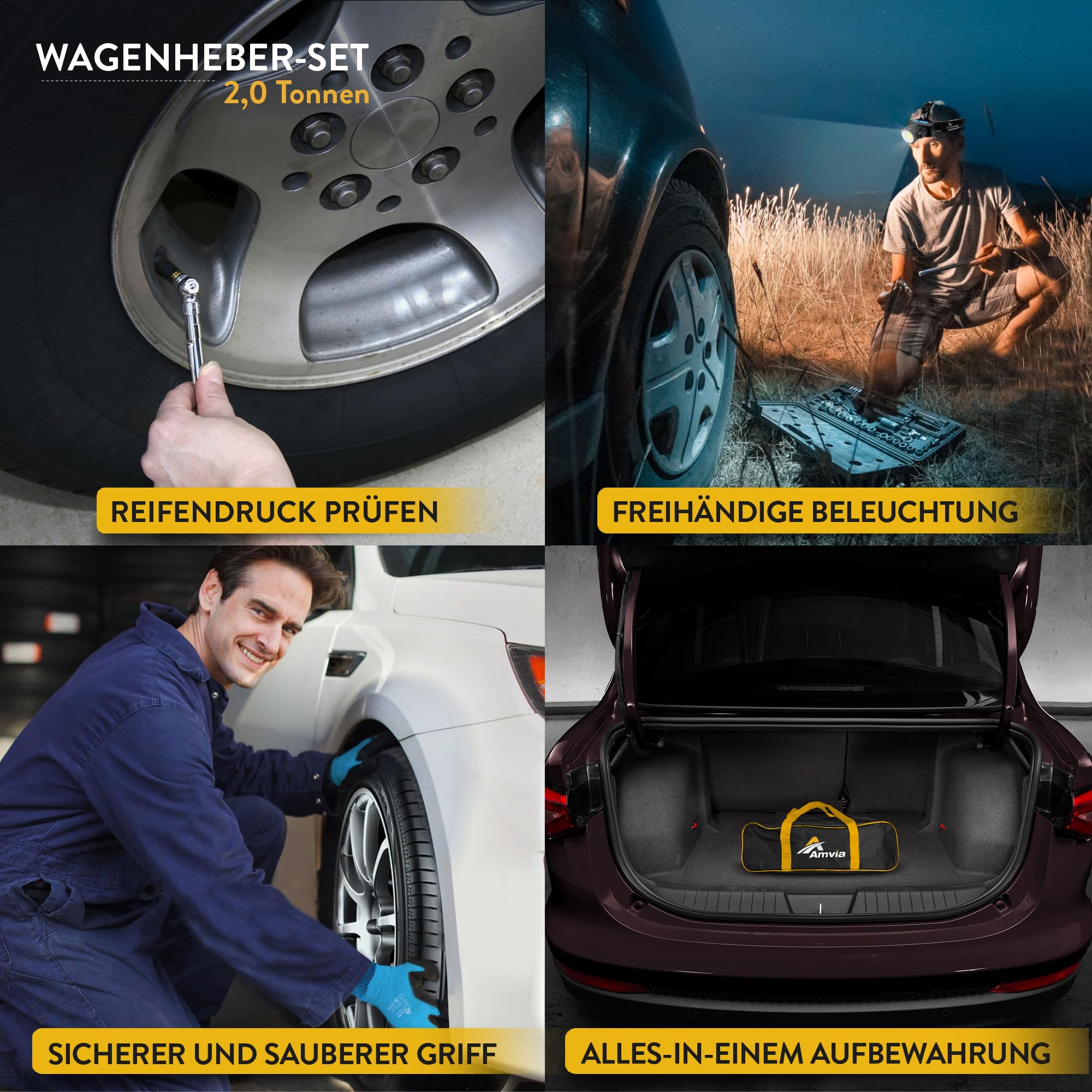 Wagenheber-Set | Scherenwagenheber für Autos 2 Tonnen (4.400 lbs) Tragbar, ideal für SUV und Autos – Universelles Auto-Notfallset mit Schraubenschlüssel