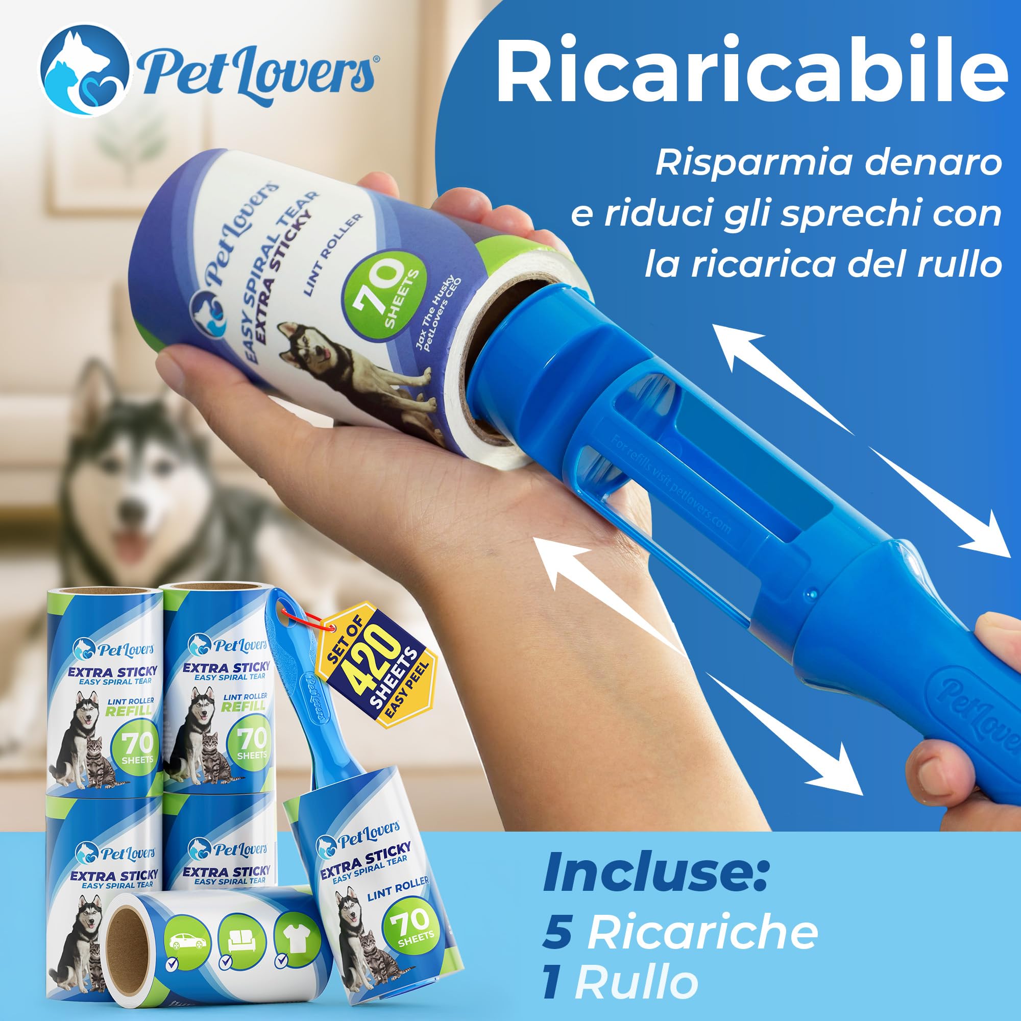 PetLovers - Rulli per peli di animali domestici, extra appiccicosi, 420 fogli, per rimuovere i pelucchi dagli indumenti